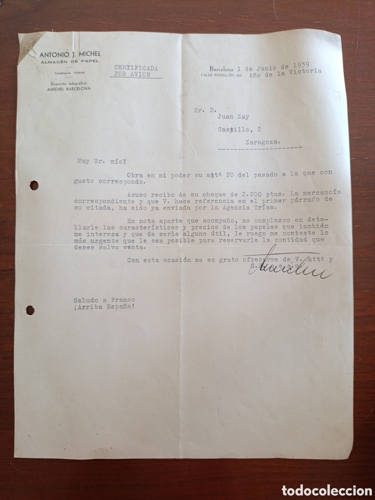 Facturas antiguas: FACTURA ANTONIO J.MICHEL ALMACEN DE PAPEL A&Ntilde;OS 30 BARCELONA