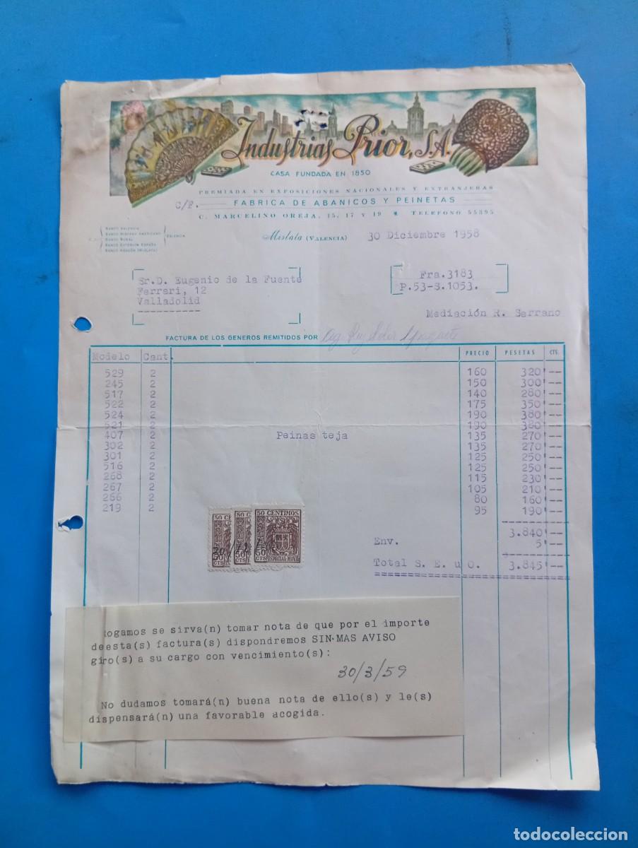 Facturas antiguas: FACTURA. MISLATA, VALENCIA. 1958. INDUSTRIAS PRIOR, S. A. F&Aacute;BRICA DE ABANICOS Y PEINETAS.