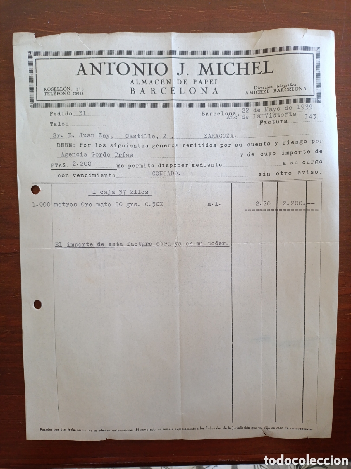 Factures anciennes: FACTURA ANTONIO J.MICHEL ALMACEN DE PAPEL A&Ntilde;OS 30 BARCELONA