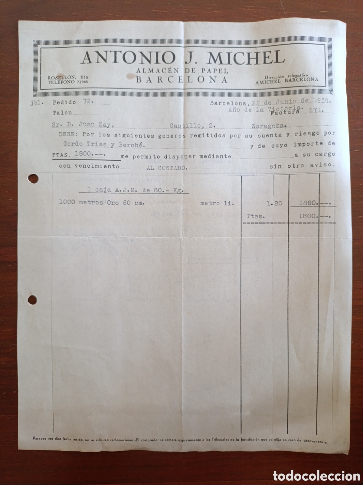 Old Invoices: FACTURA ANTONIO J.MICHEL ALMACEN DE PAPEL A&Ntilde;OS 30 BARCELONA