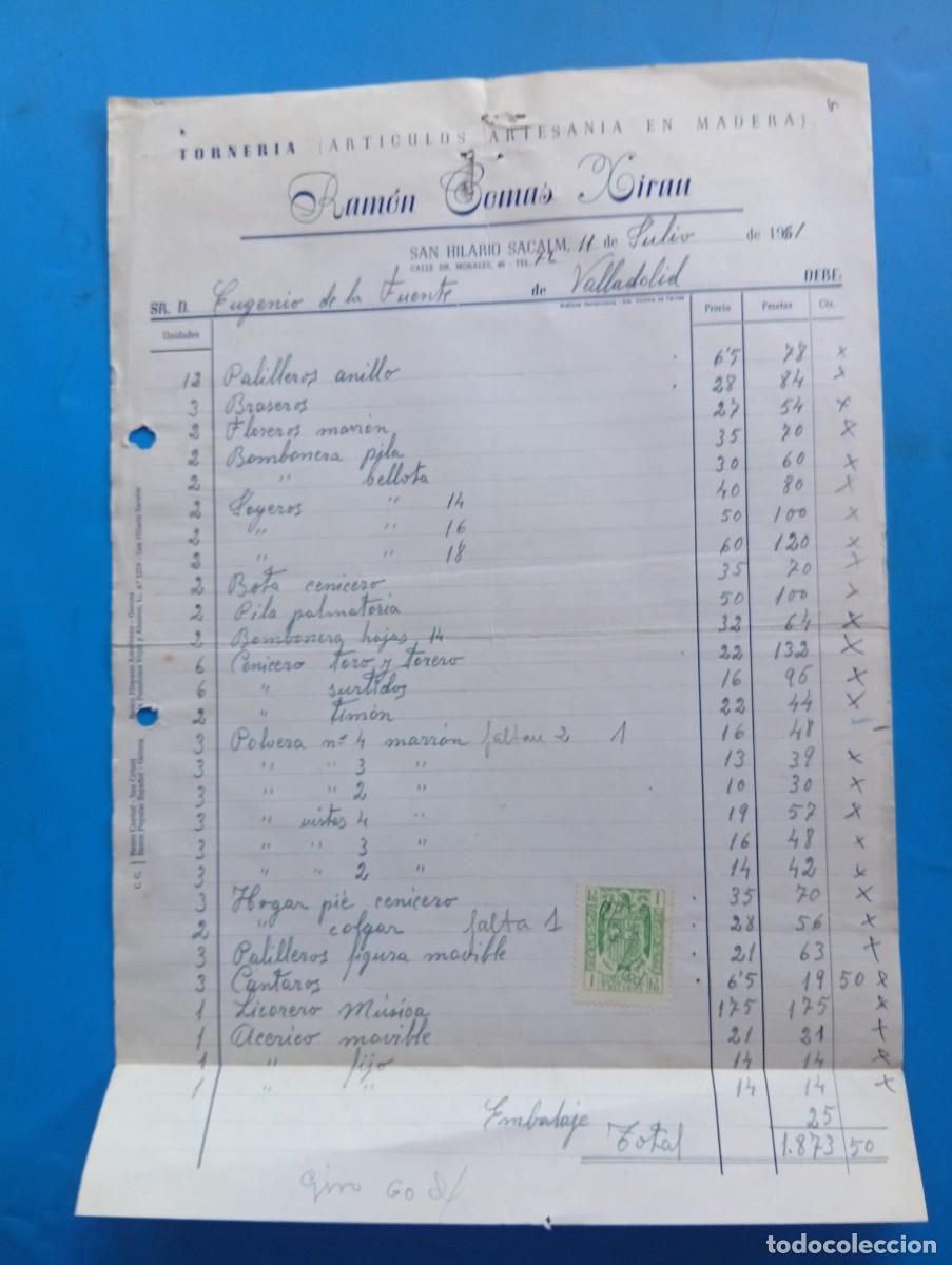Old Invoices: FACTURA. SAN HILARIO SACALM, GERONA. 1961. TORNER&Iacute;A (ART&Iacute;CULOS ARTESAN&Iacute;A MADERA). RAMON COMAS HIRAU.