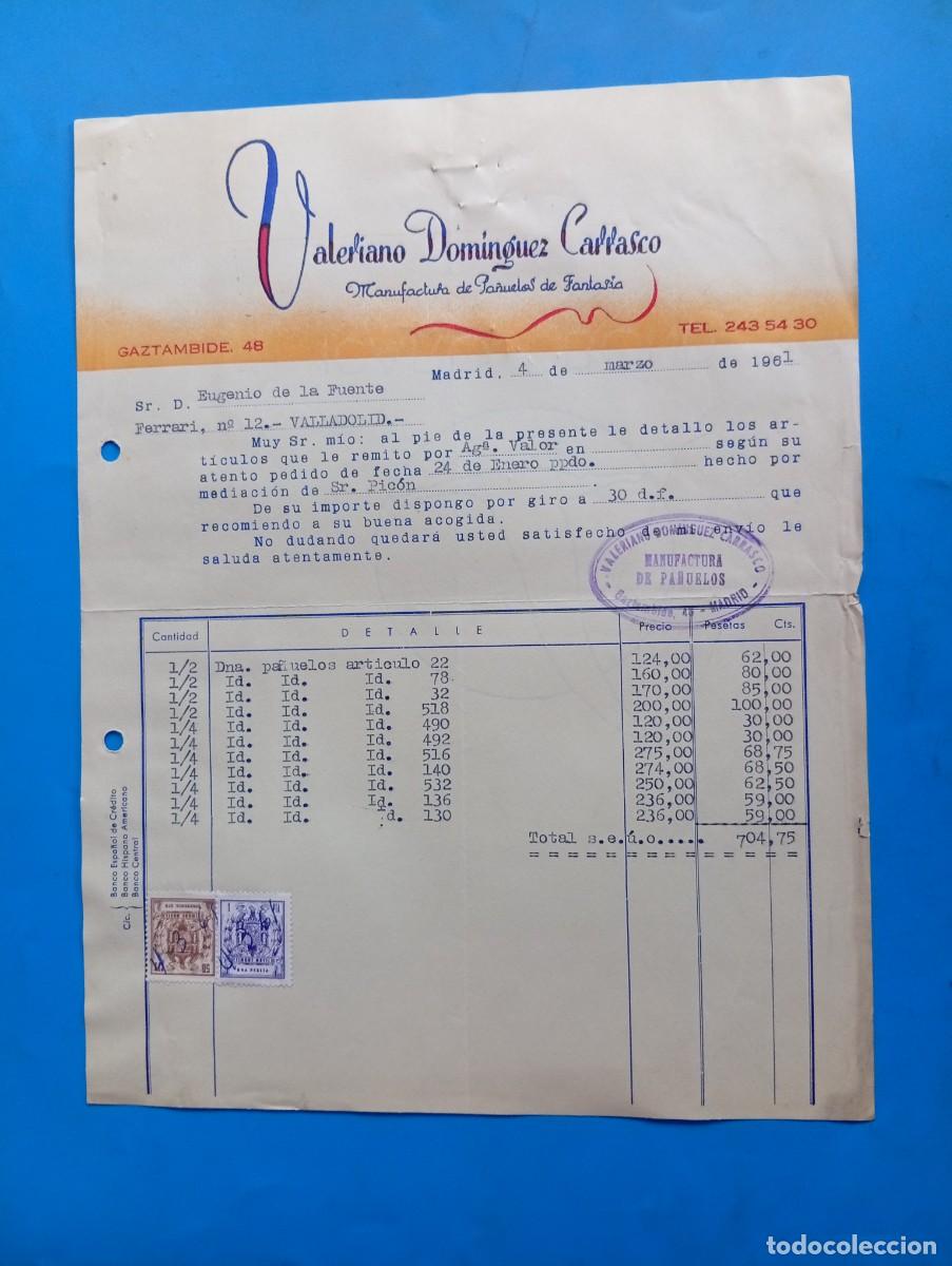 Old Invoices: FACTURA. MADRID. 1961. VALERIANO DOMINGUEZ CARRASCO. MANUFACTURA DE PA&Ntilde;UELOS DE FANTASIA.