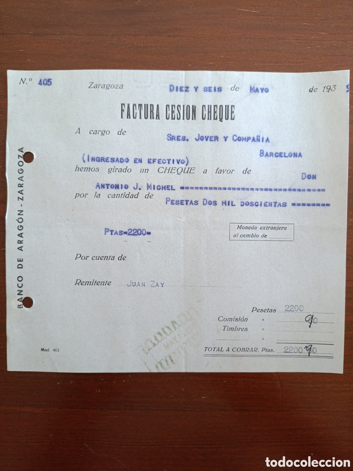 Old Invoices: FACTURA CESION CHEQUEA&Ntilde;OS banco de Arag&oacute;n-Zaragoza A&ntilde;os 30 BARCELONA