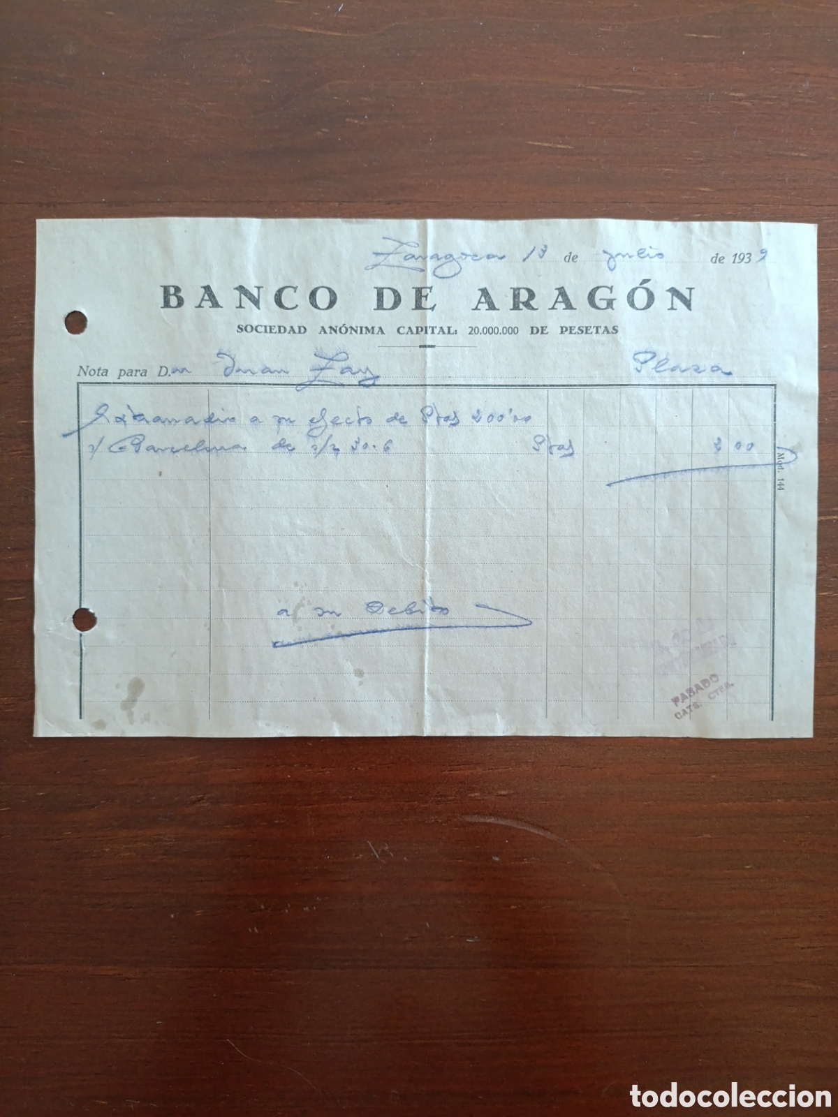 Fatture antiche: FACTURA BANCO DE ARAGON A&Ntilde;OS 30