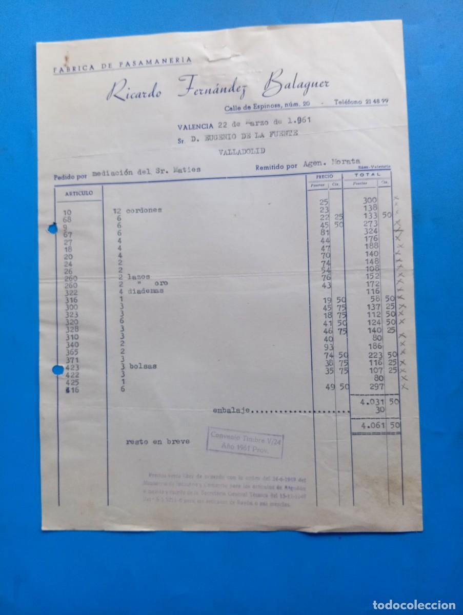 Old Invoices: FACTURA. VALENCIA. 1961. F&Aacute;BRICA DE PASAMANER&Iacute;A. RICARDO FERN&Aacute;NDEZ BALAGUER.