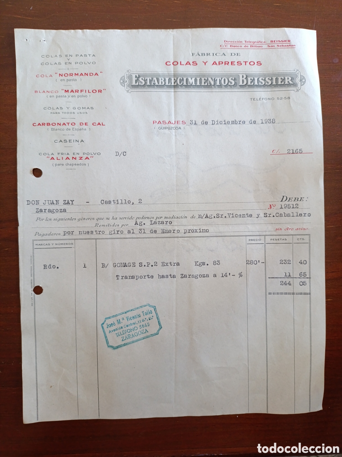 Old Invoices: FACTURA ESTABLECIMIENTOS BEISSIER A&Ntilde;OS 30 ZARAGOZA