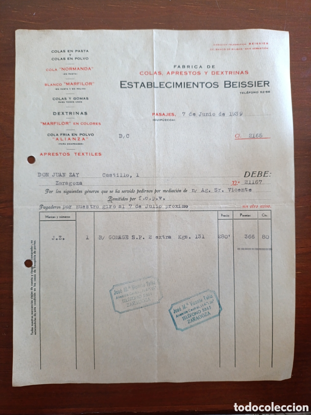 Old Invoices: FACTURA ESTABLECIMIENTOS BEISSIER A&Ntilde;OS 30 ZARAGOZA