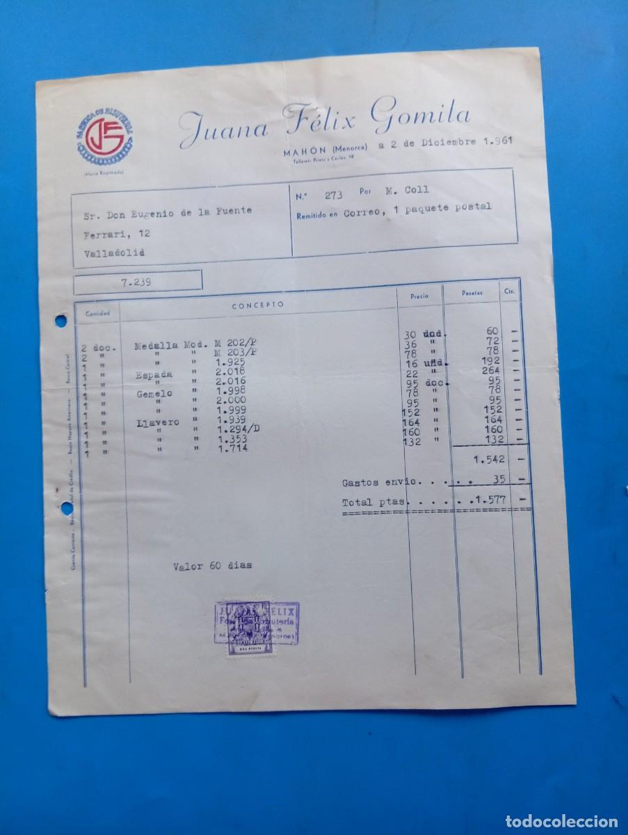 Old Invoices: FACTURA. MAH&Oacute;N, MALLORCA. 1961. F&Aacute;BRICA DE BISUTER&Iacute;A JFG. JUANA F&Eacute;LIX GOMILA.