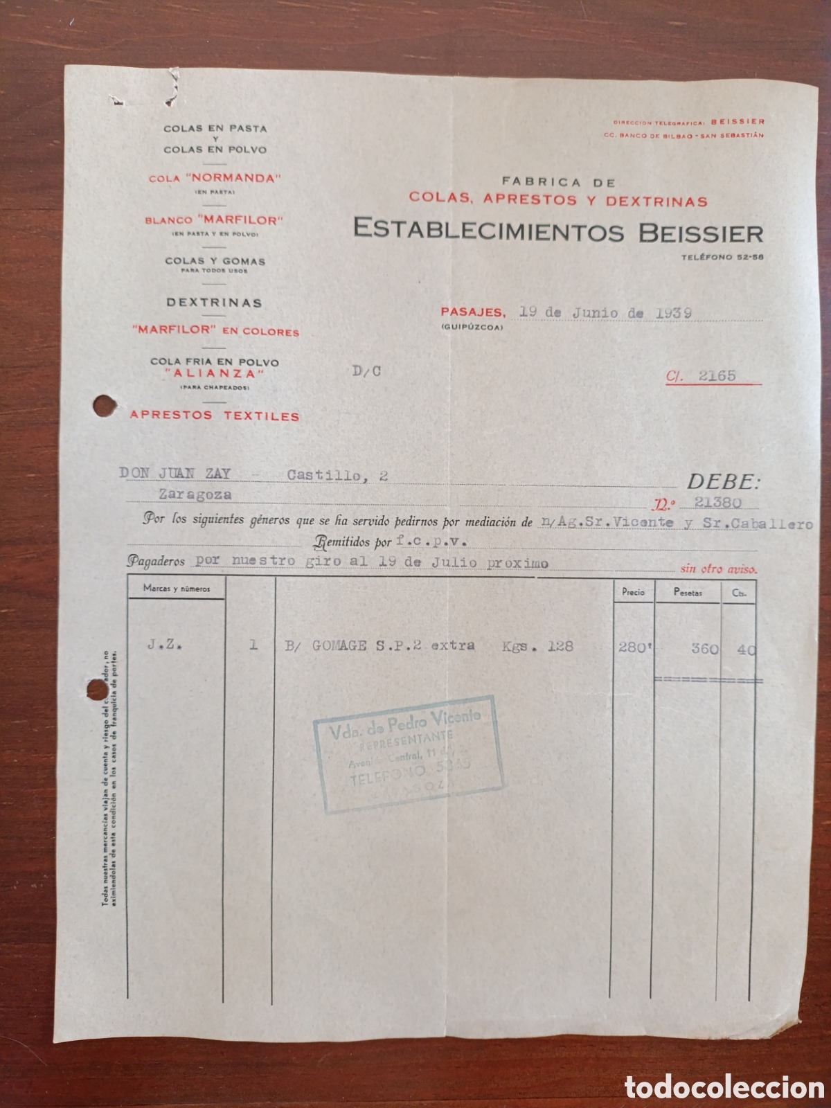 Old Invoices: FACTURA ESTABLECIMIENTOS BEISSIER A&Ntilde;OS 30 ZARAGOZA