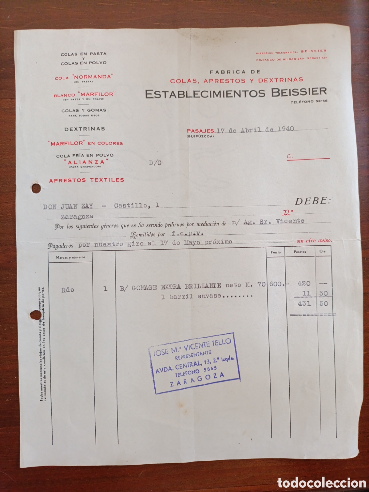 Old Invoices: FACTURA ESTABLECIMIENTOS BEISSIER A&Ntilde;OS 30 ZARAGOZA