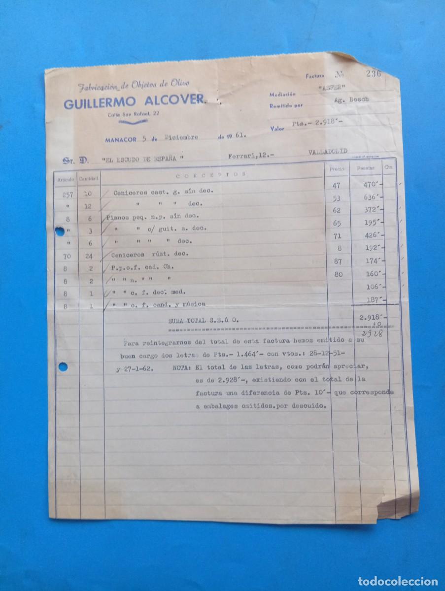 Old Invoices: FACTURA. MANACOR, MALLORCA. 1961. FABRICACI&Oacute;N DE OBJETOS DE OLIVO. GUILLERMO ALCOVER.
