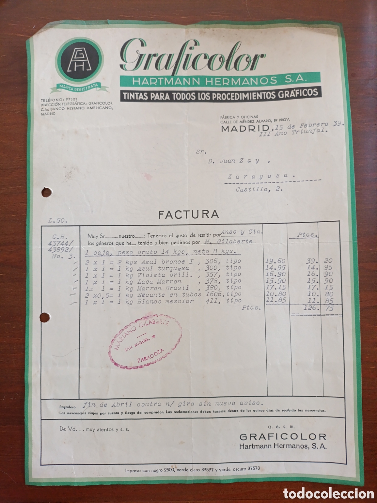 Alte Rechnungen: FACTURA GR&Aacute;FICOLOR HARRITMAN HERMANOS S.A ZARAGOZA CASTILLO,2 A&Ntilde;OS 30 MADRID