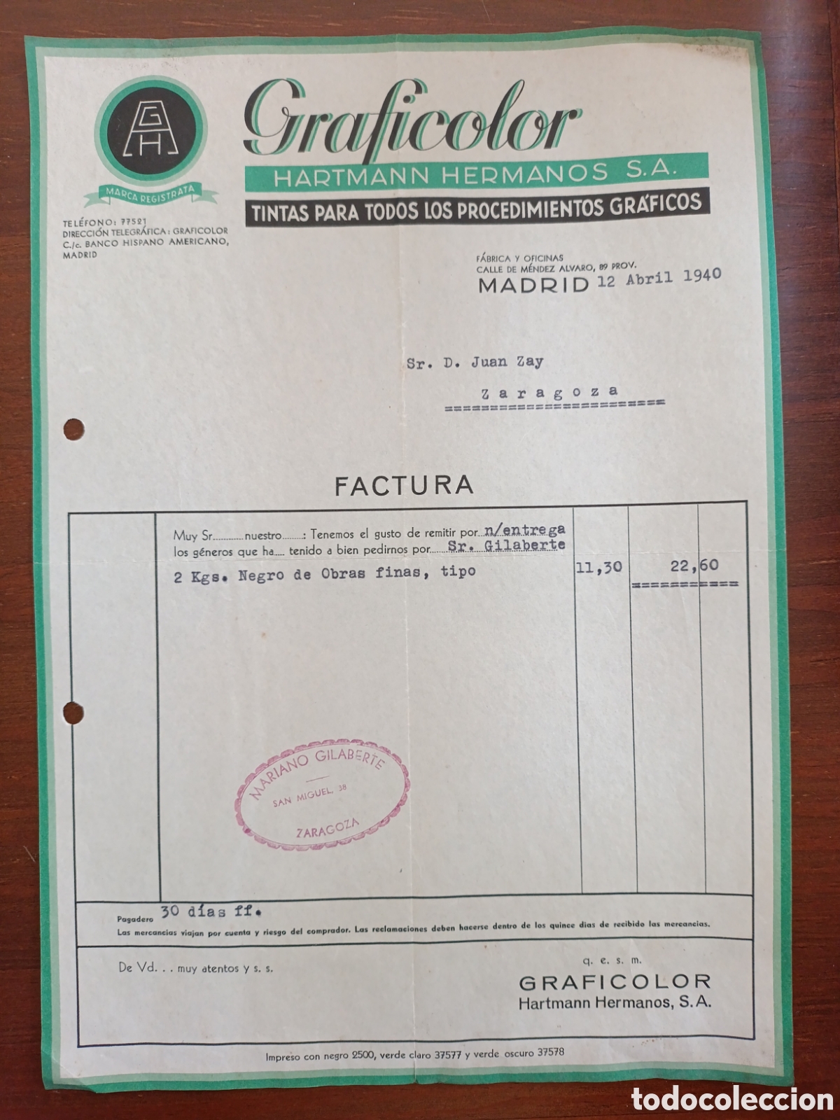 Alte Rechnungen: FACTURA GR&Aacute;FICOLOR HARRITMAN HERMANOS S.A ZARAGOZA CASTILLO,2 A&Ntilde;OS 30 MADRID