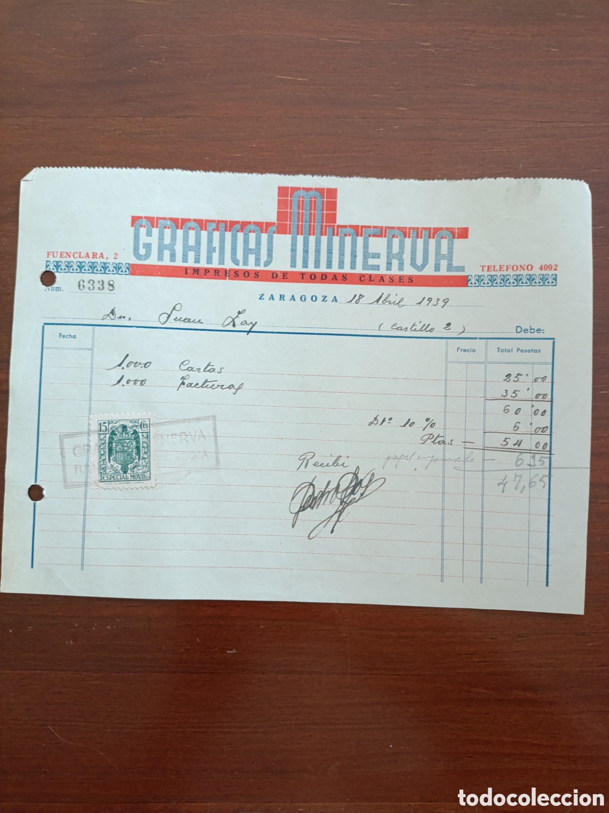 Old Invoices: FACTURA GR&Aacute;FICAS MINERVA A&Ntilde;OS 30 ZARAGOZA