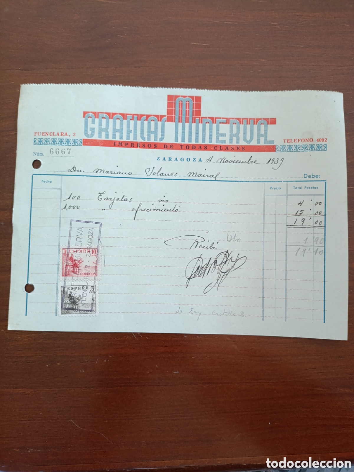 Old Invoices: FACTURA GR&Aacute;FICAS MINERVA A&Ntilde;OS 30 ZARAGOZA
