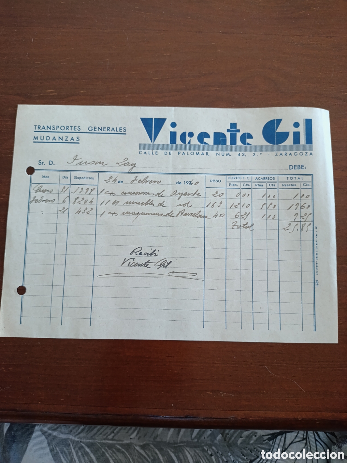 Old Invoices: FACTUA VICENTE GIL ZARAGOZA TRANSPORTES GENERALES MUDANZAS A&Ntilde;OS 30 ZARAGOZA