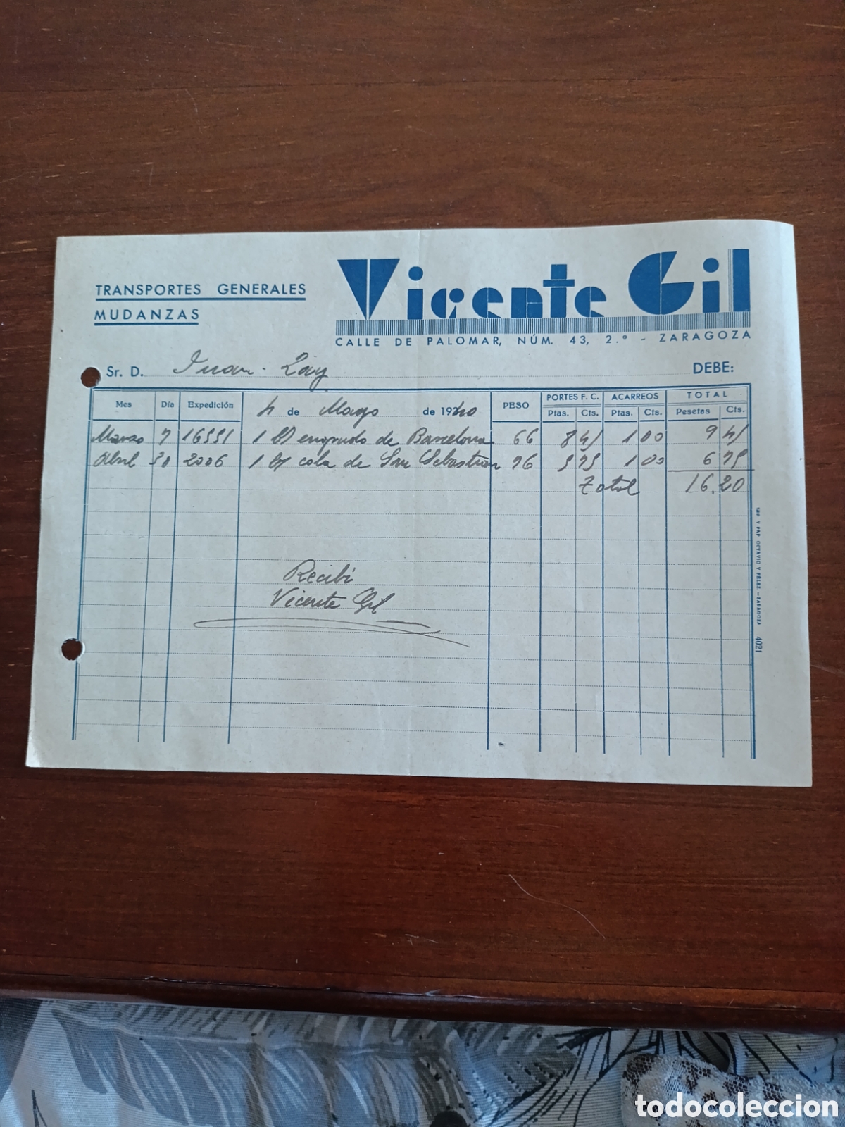 Old Invoices: FACTUA VICENTE GIL ZARAGOZA TRANSPORTES GENERALES MUDANZAS A&Ntilde;OS 30 ZARAGOZA