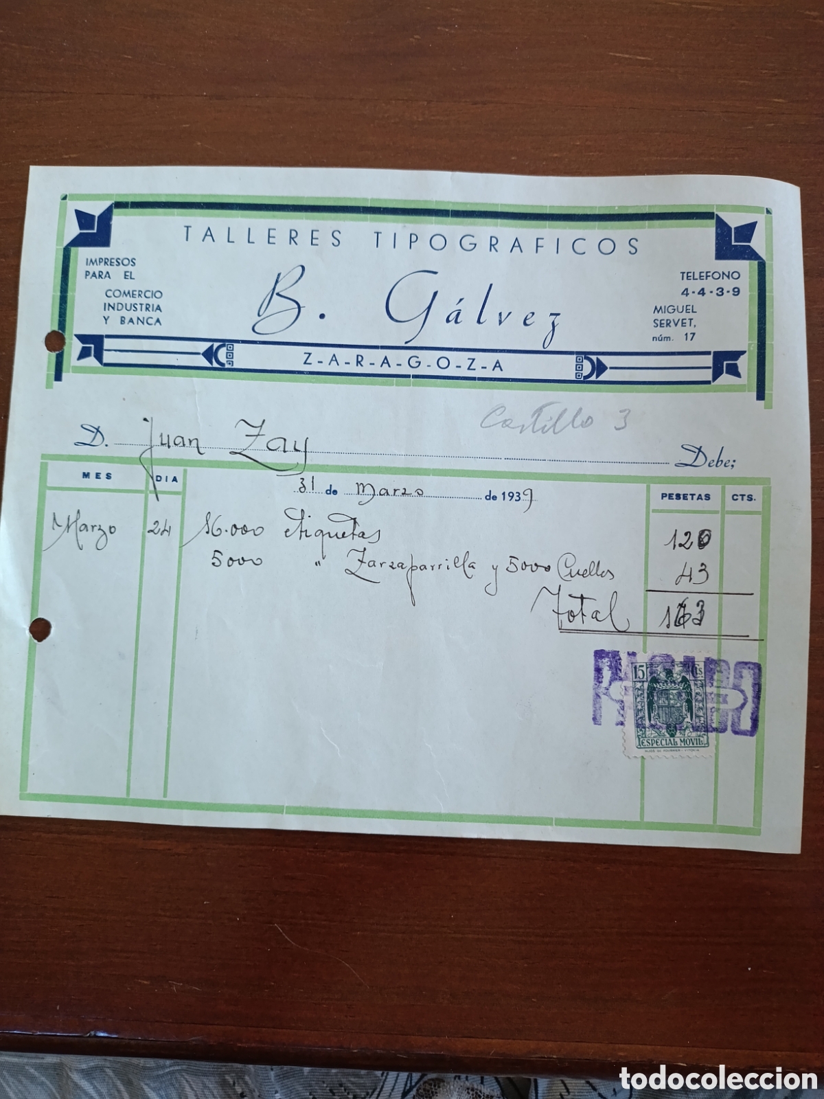 Old Invoices: FACTUARA B .G&Aacute;LVEZ TALLERES TIPOGR&Aacute;FICOS A&Ntilde;OS 30 ZARAGOZA