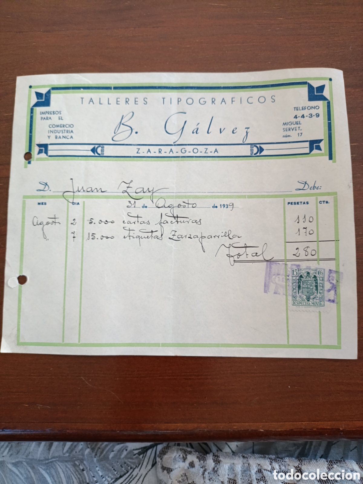 Fatture antiche: FACTUARA B .G&Aacute;LVEZ TALLERES TIPOGR&Aacute;FICOS A&Ntilde;OS 30 ZARAGOZA