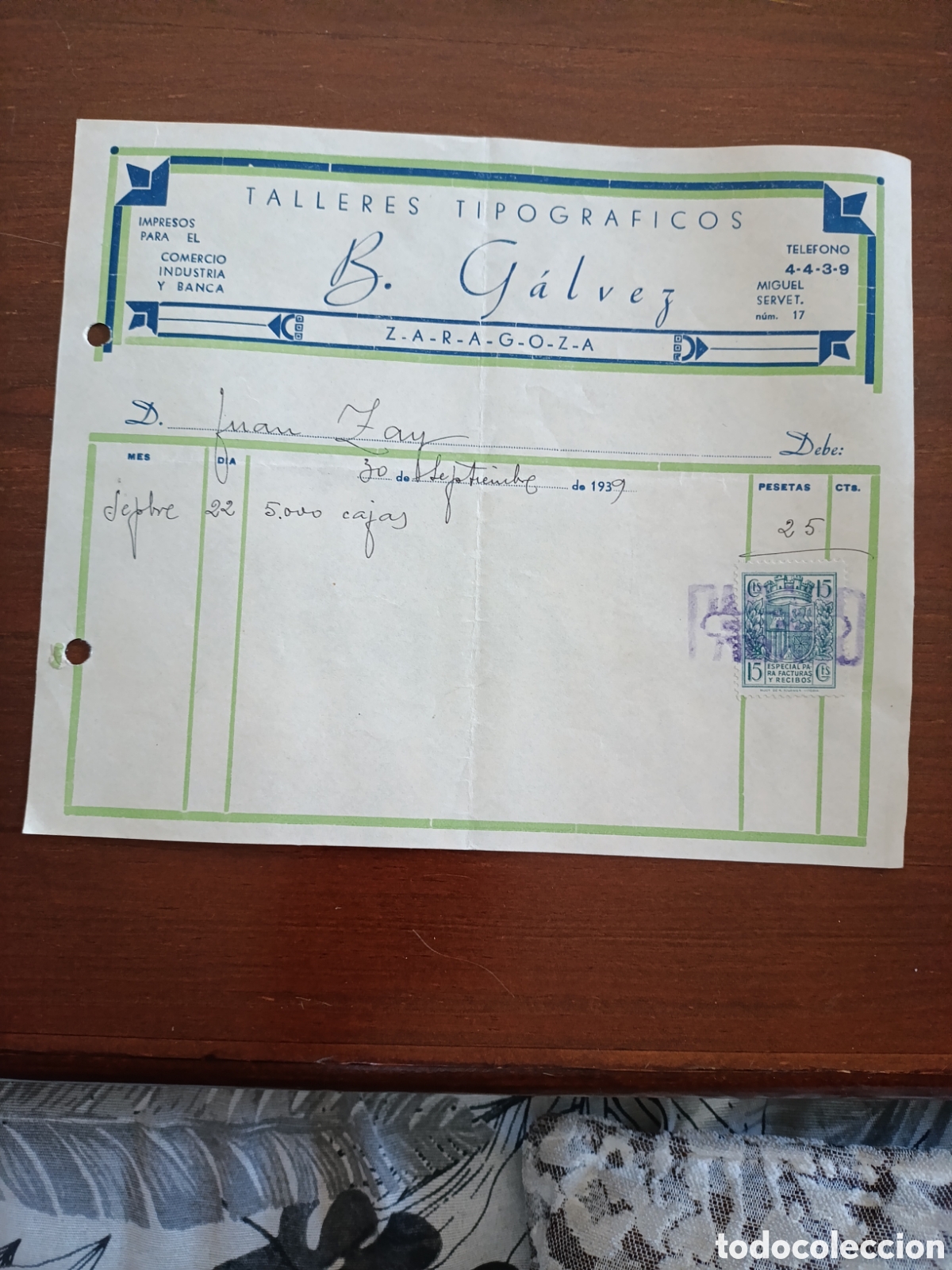 Old Invoices: FACTUARA B .G&Aacute;LVEZ TALLERES TIPOGR&Aacute;FICOS A&Ntilde;OS 30 ZARAGOZA