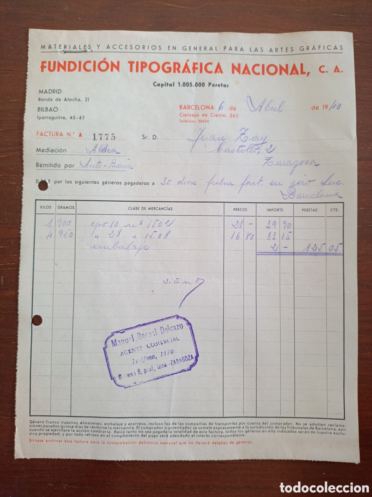 Facturas antiguas: FACTUARA FUNDICI&Oacute;N TIPOGR&Aacute;FICA NACIONAL BARCELONA C.A A&Ntilde;OS 30 ZARAGOZA