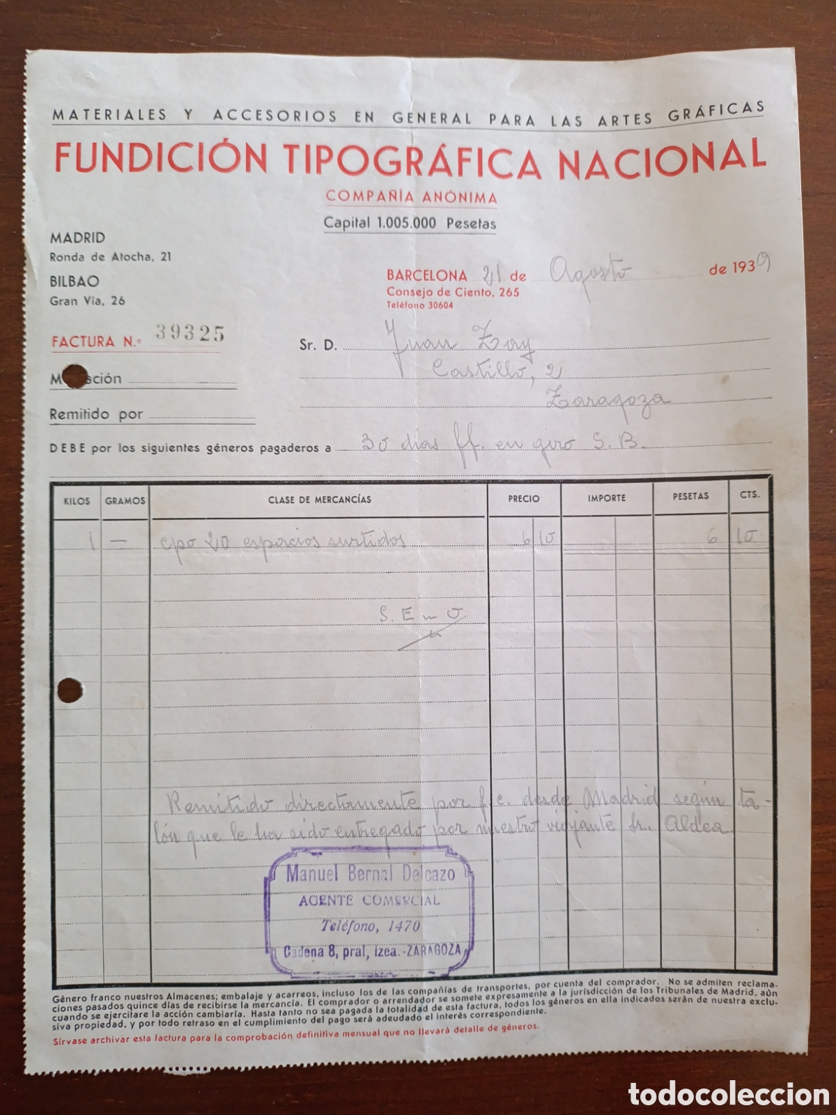Facturas antiguas: FACTUARA FUNDICI&Oacute;N TIPOGR&Aacute;FICA NACIONAL BARCELONA C.A A&Ntilde;OS 30 ZARAGOZA
