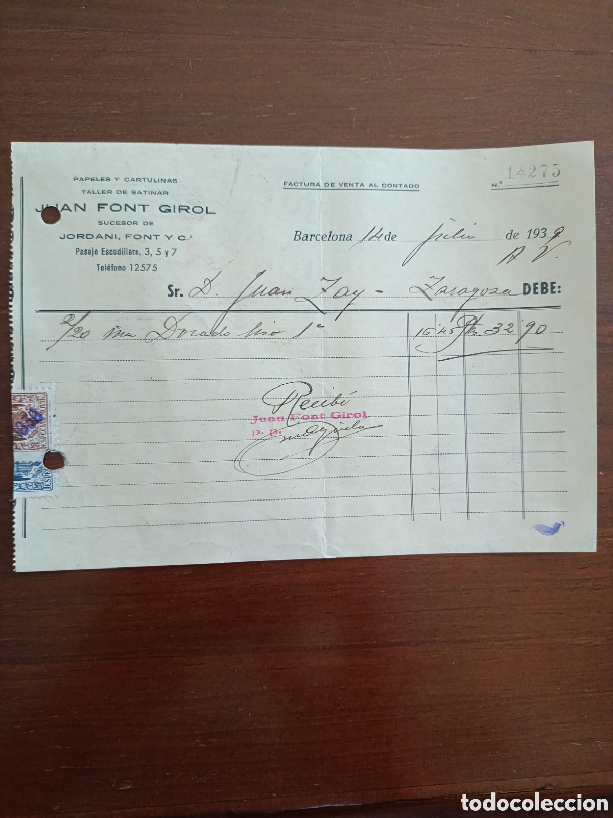 Old Invoices: FACTURA JUAN FONT GIROL BARCELONA A&Ntilde;OS 30 ZARAGOZA