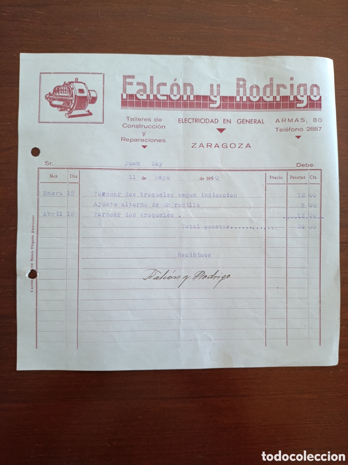 Old Invoices: FACTURA FALC&Oacute;N Y RODRIGO ELECTRICIDAD EN GENERAL A&Ntilde;OS 30 ZARAGOZA