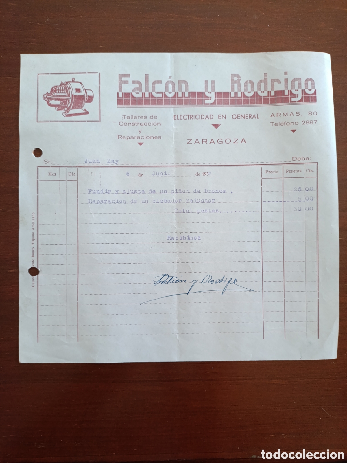 Fatture antiche: FACTURA FALC&Oacute;N Y RODRIGO ELECTRICIDAD EN GENERAL A&Ntilde;OS 30 ZARAGOZA