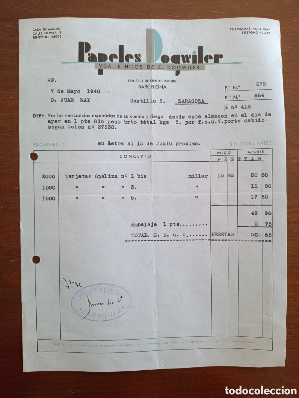 Fatture antiche: FACTURA PAPELES DOGWILER CONSEJO DE CIENTO BARCELONA A&Ntilde;OS 30 ZARAGOZA