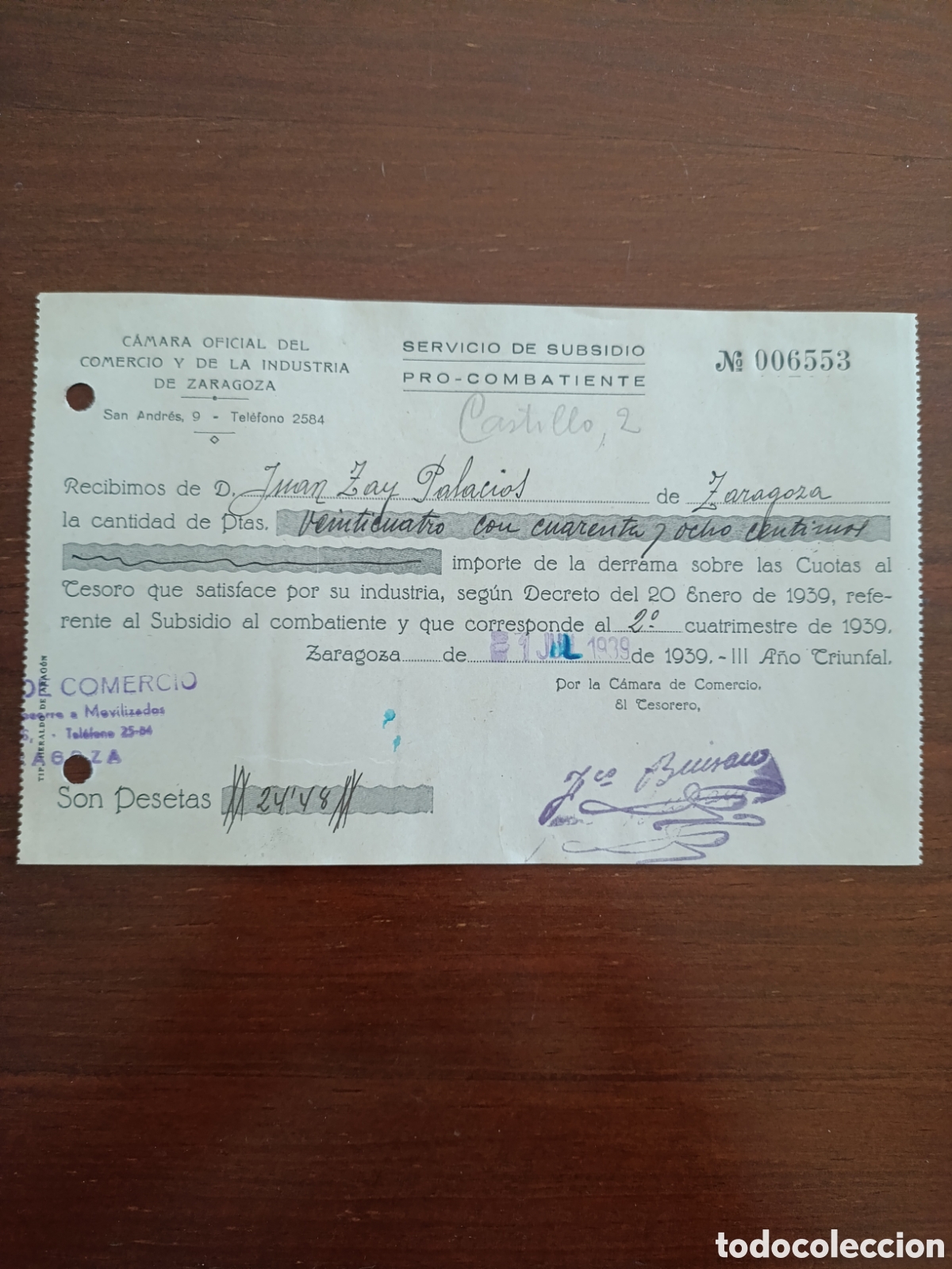 Fatture antiche: FACTURA SERVICIO DE SUBSIDIO PERO COMBATIENTE C&Aacute;MARA OFICIAL DEL COMERCIO DE LA ...A&Ntilde;OS 30 ZARAGOZA