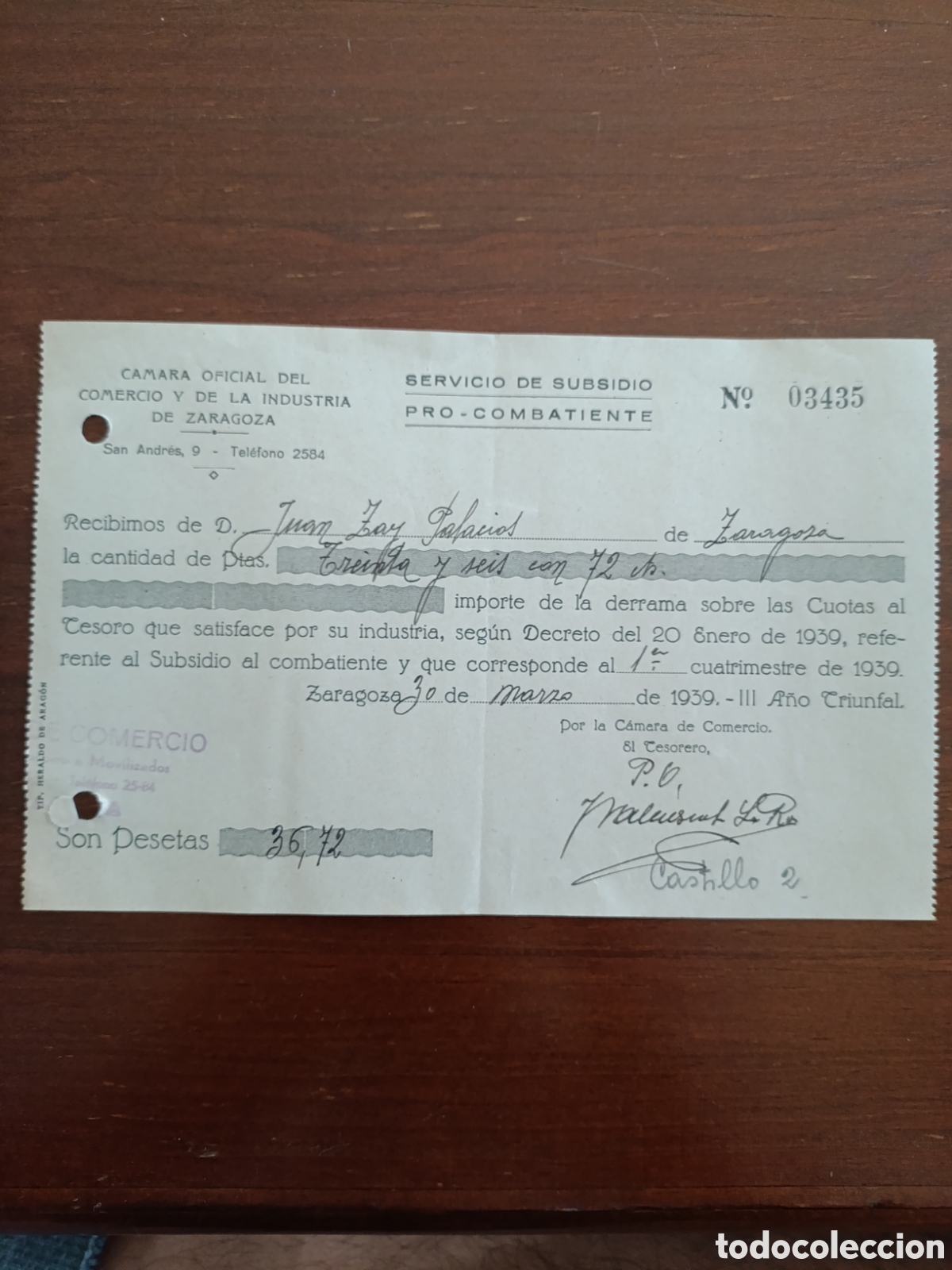 Fatture antiche: FACTURA SERVICIO DE SUBSIDIO PERO COMBATIENTE C&Aacute;MARA OFICIAL DEL COMERCIO DE LA ...A&Ntilde;OS 30 ZARAGOZA