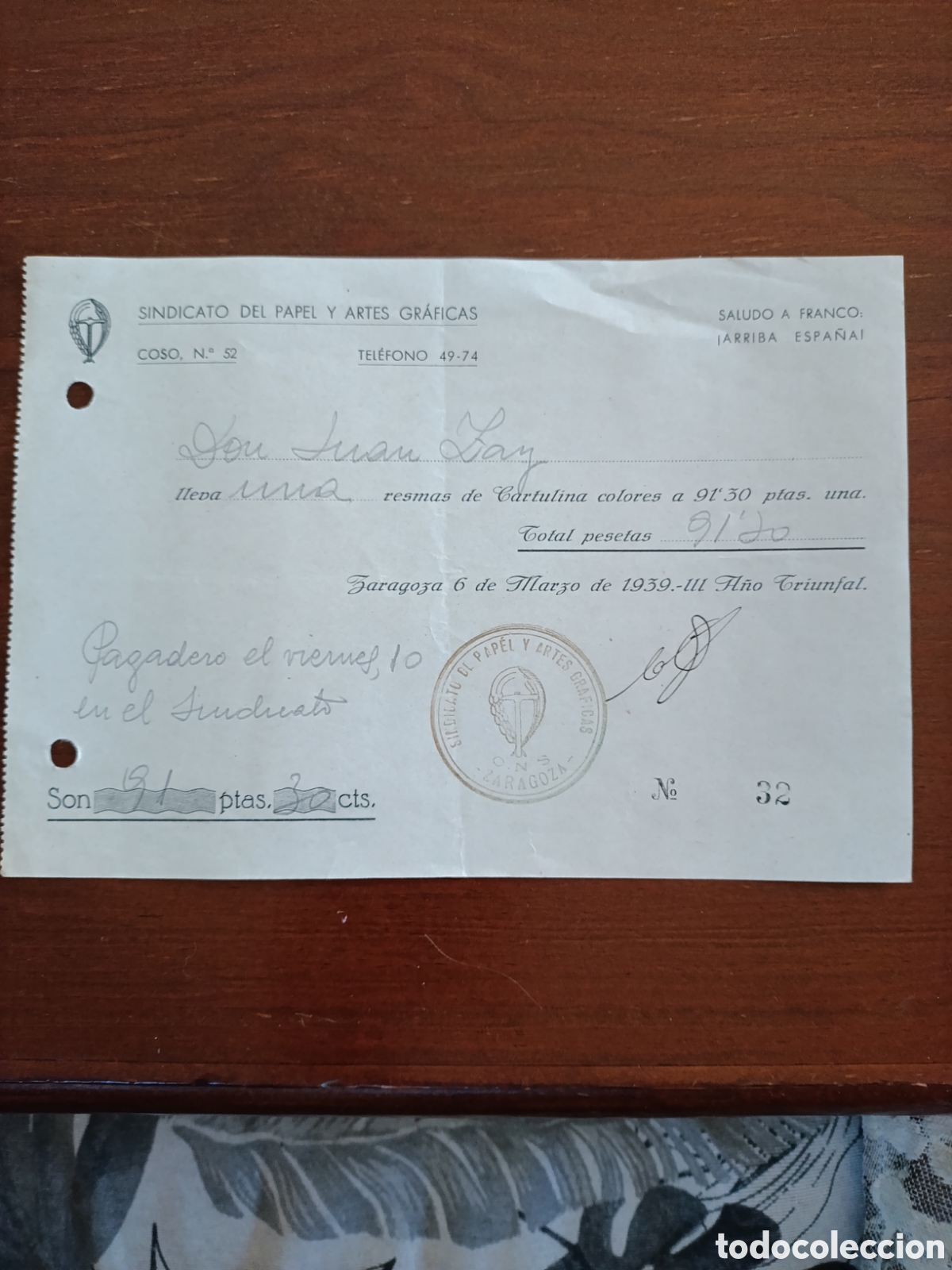 Old Invoices: FACTURA SINDICATO DE PAPEL Y ARTES GR&Aacute;FICAS A&Ntilde;OS 30 ZARAGOZA