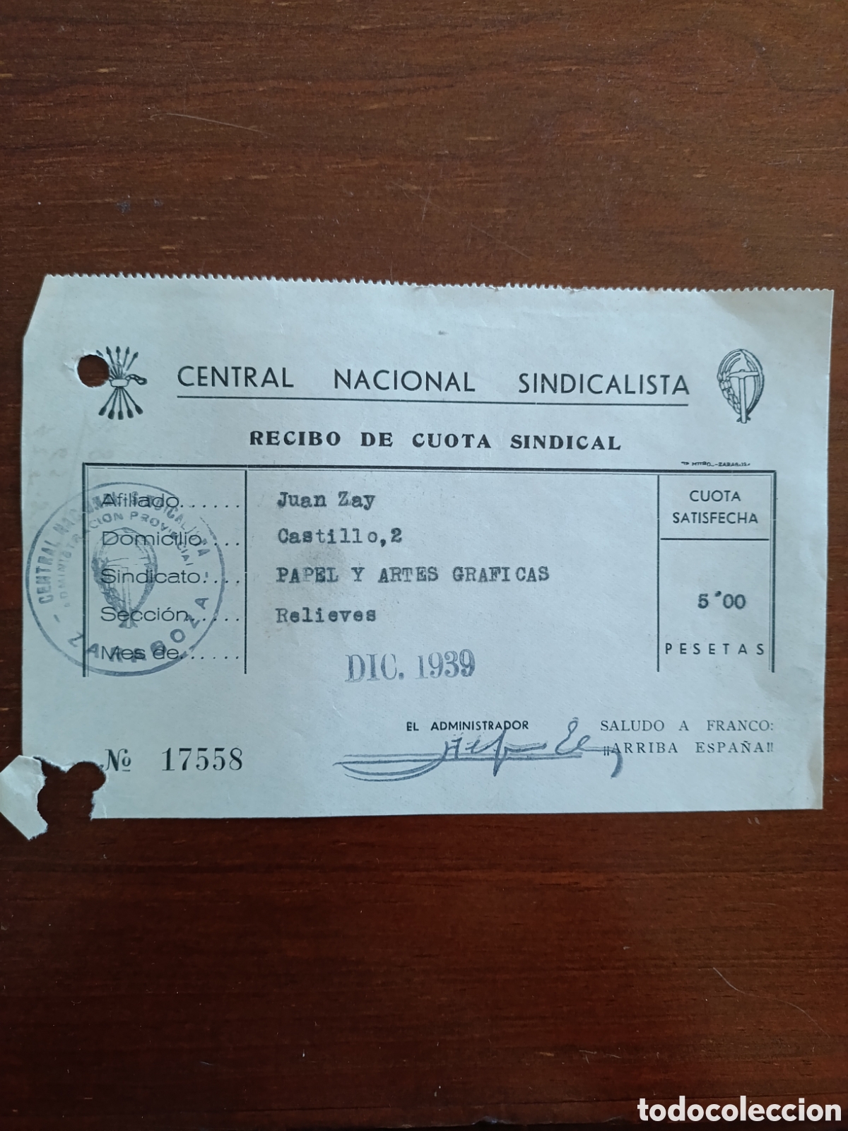 Fatture antiche: FACTURA CENTRAL NACIONAL SINDICALISTA A&Ntilde;OS 40 ZARAGOZA