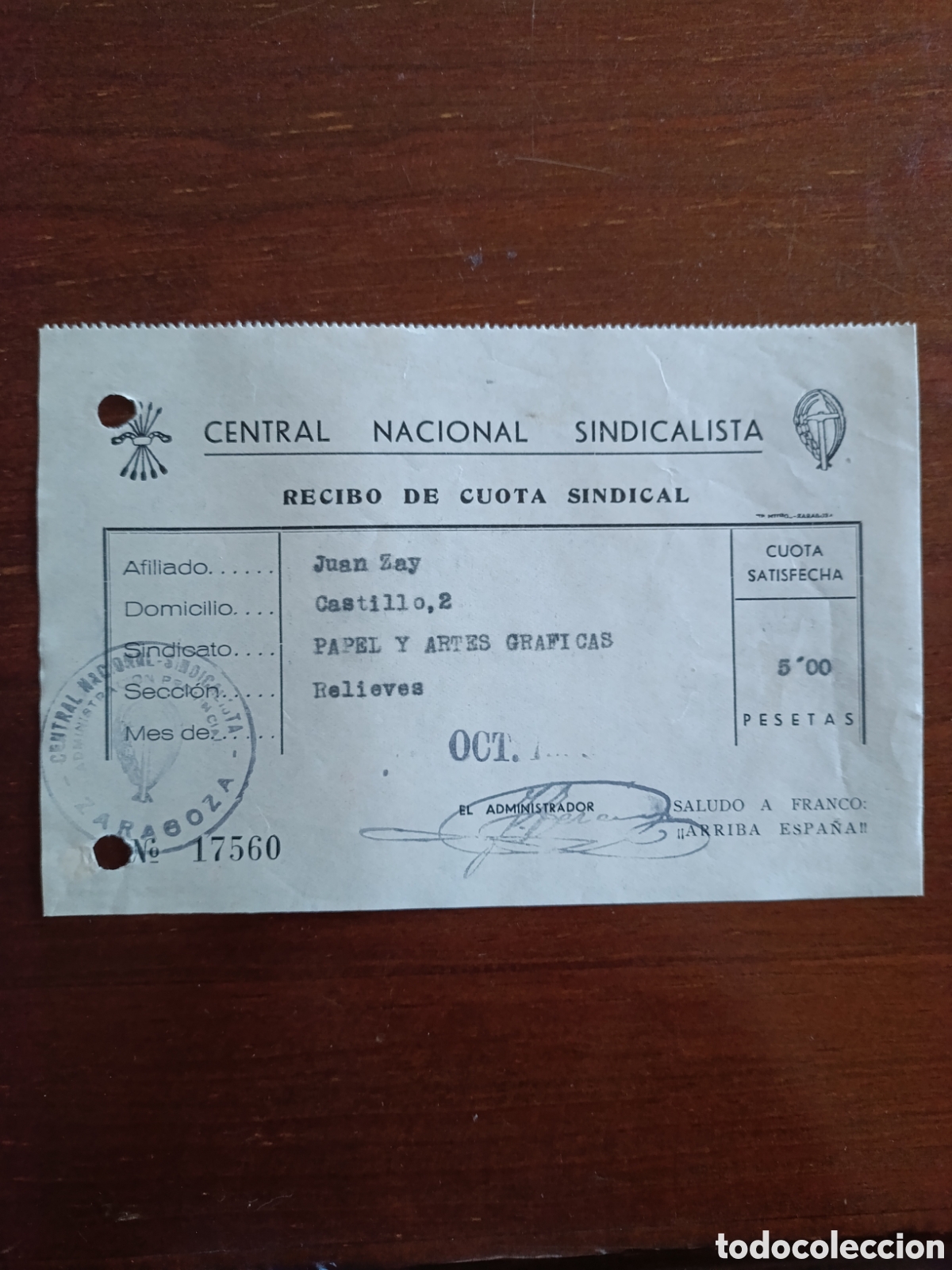 Fatture antiche: FACTURA CENTRAL NACIONAL SINDICALISTA A&Ntilde;OS 40 ZARAGOZA