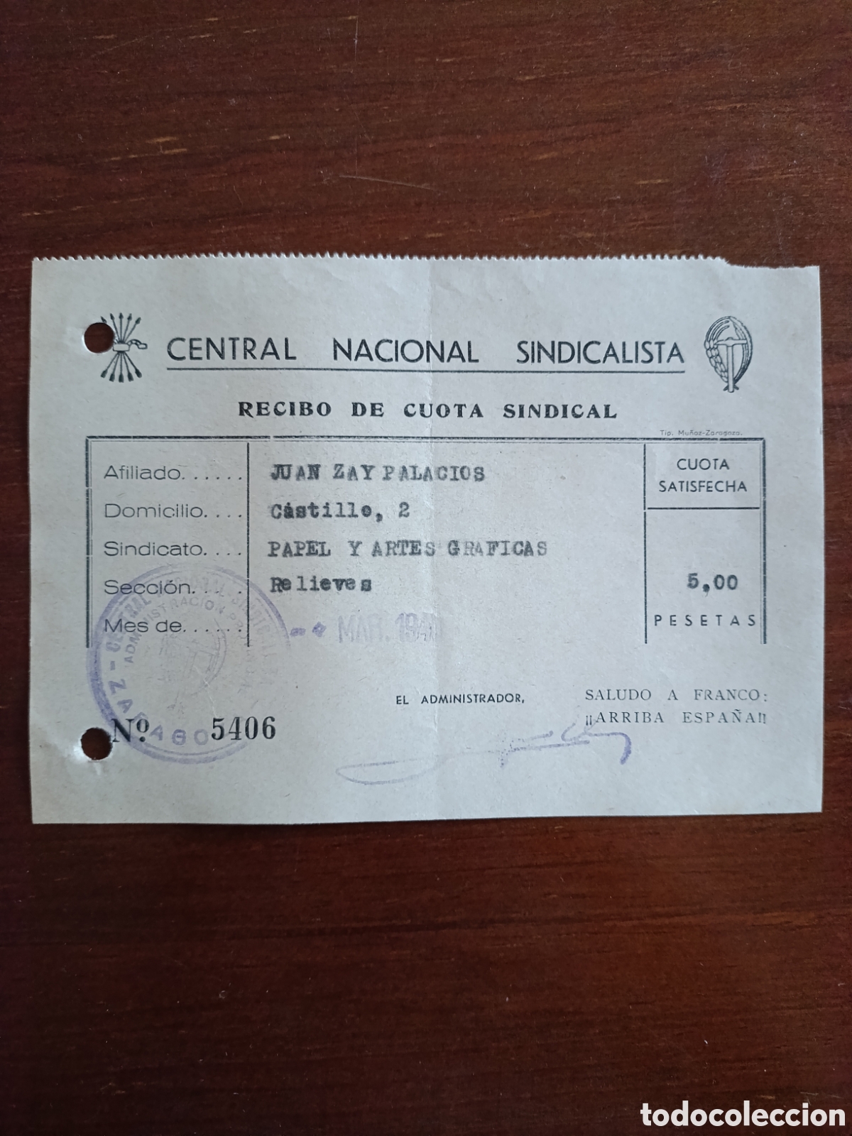 Fatture antiche: FACTURA CENTRAL NACIONAL SINDICALISTA A&Ntilde;OS 40 ZARAGOZA