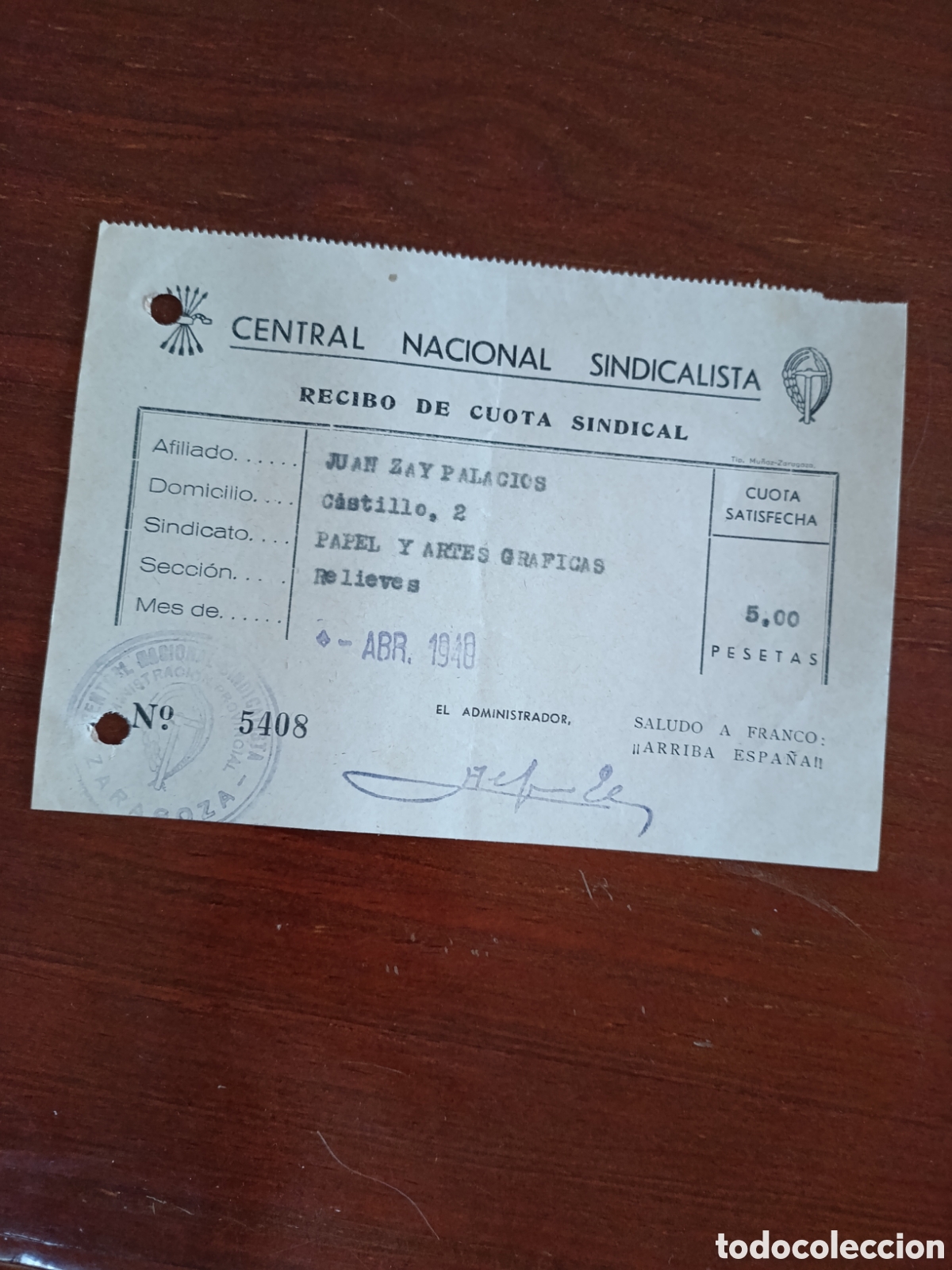 Facturas antiguas: FACTURA CENTRAL NACIONAL SINDICALISTA A&Ntilde;OS 40 ZARAGOZA