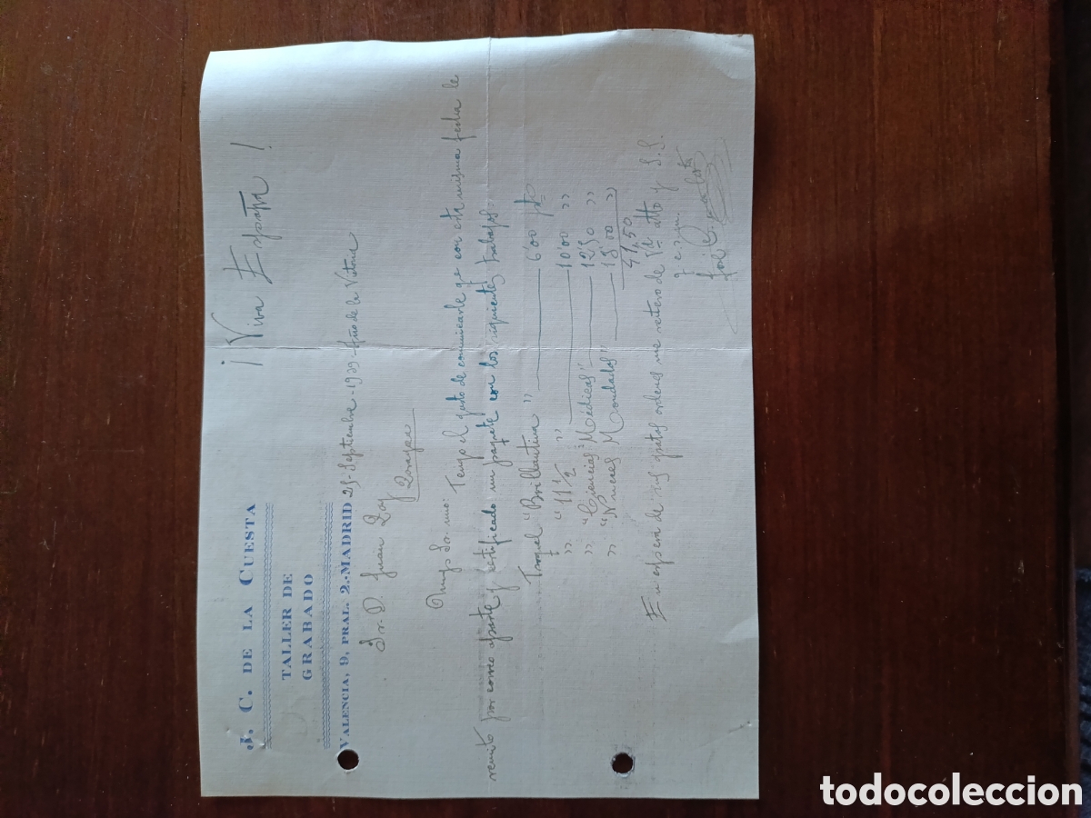 Facturas antiguas: FACTURA J C DE LA CUESTA TALLER DE GRABADO VALENCIA 2-.Madird A&Ntilde;OS 40