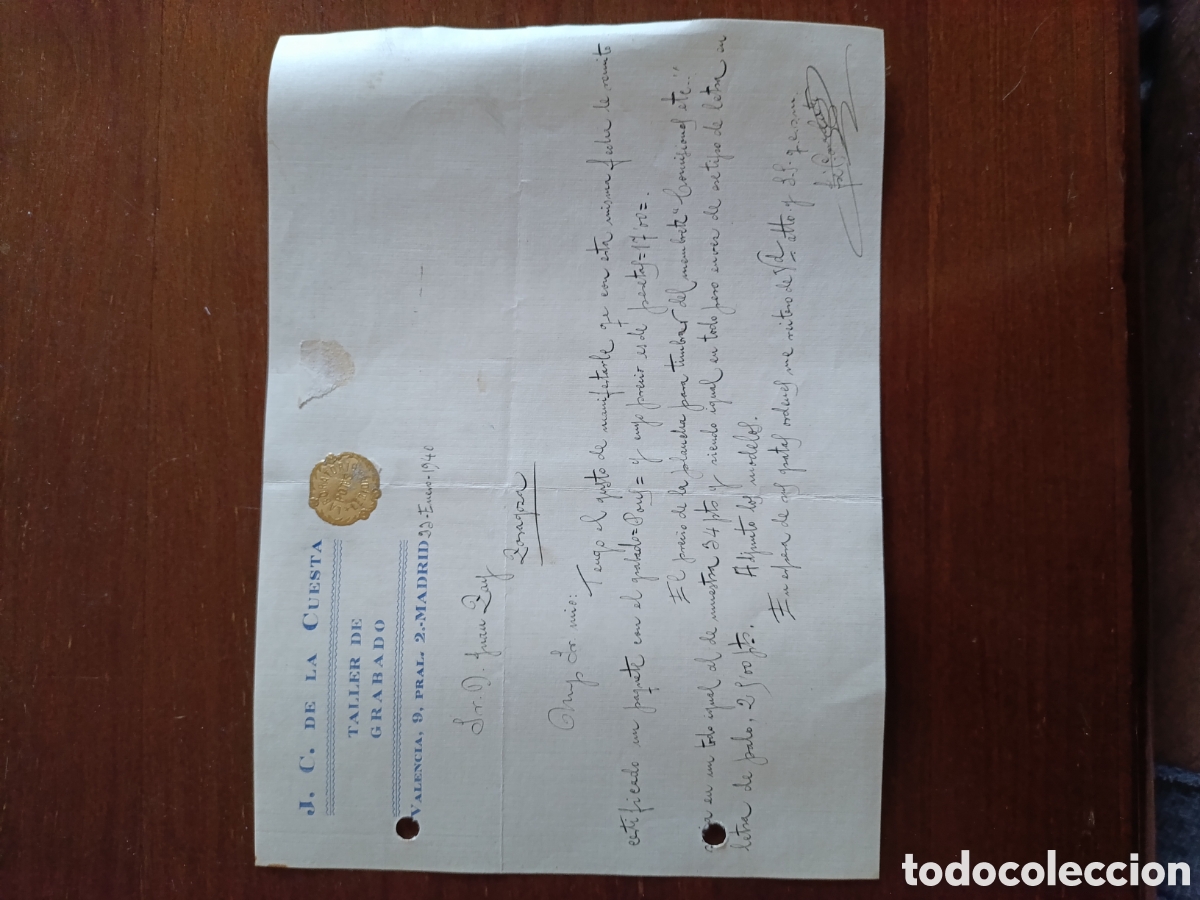 Facturas antiguas: FACTURA J C DE LA CUESTA TALLER DE GRABADO VALENCIA 2-.Madird A&Ntilde;OS 40