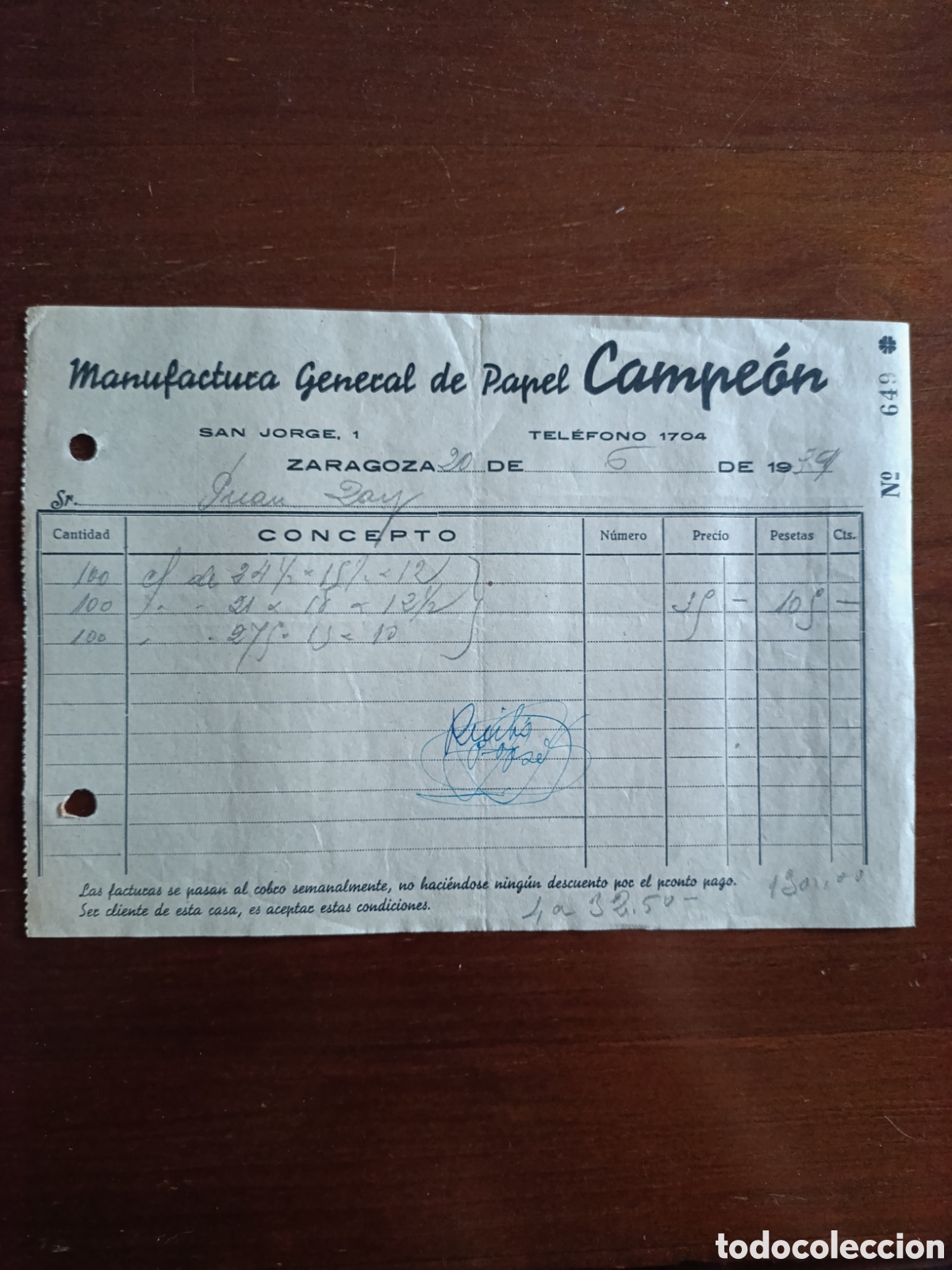 Facturas antiguas: FACTURA MANUFACTURA GENERAL DE PAPEL CAMPE&Oacute;N ZARAGOZA A&Ntilde;OS 40