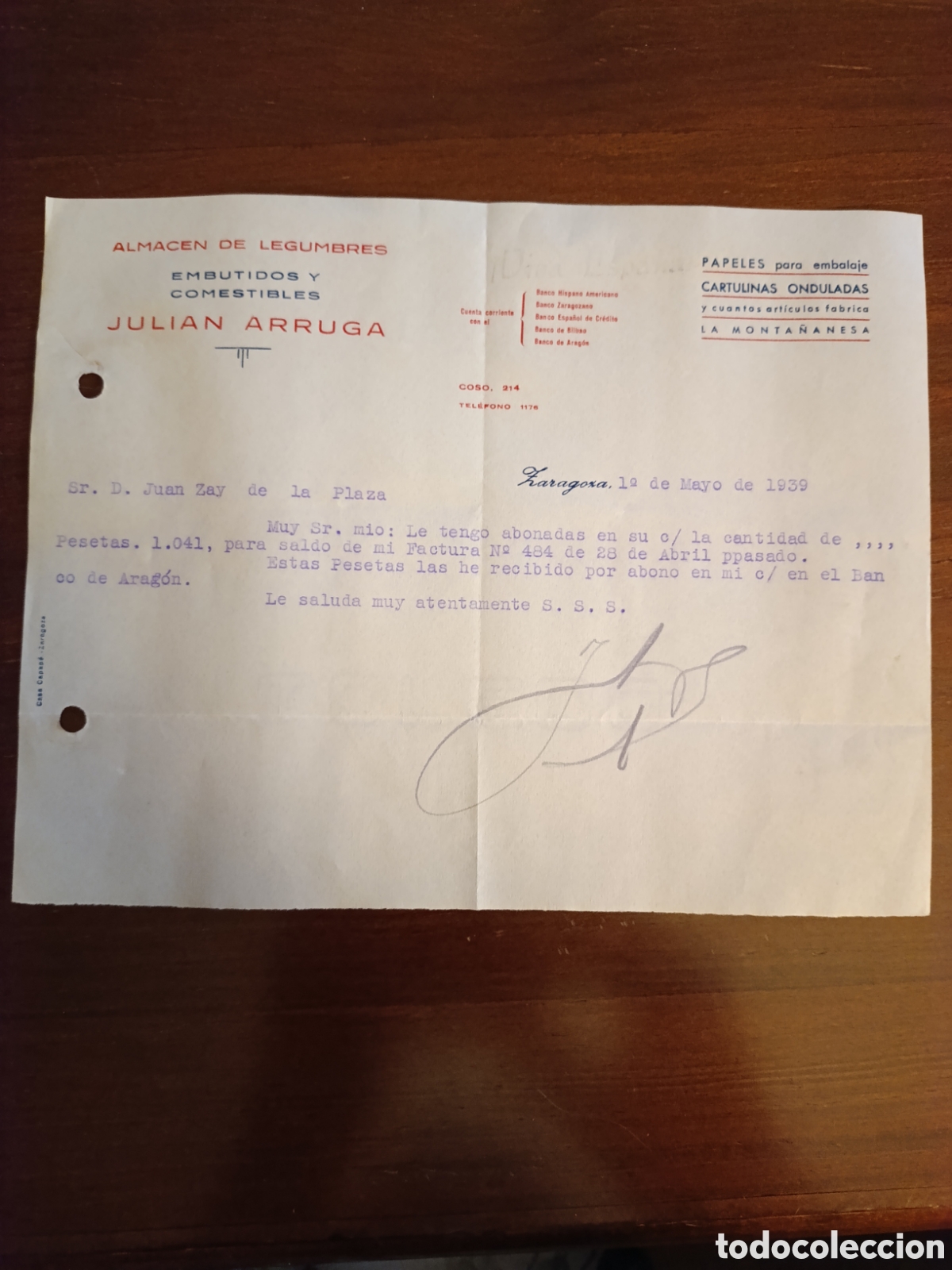 Facturas antiguas: FACTURA ALMAC&Eacute;N DE LEGUMBRES EMBUTIDOS Y COMESTIBLES JULI&Aacute;N ARRUGA A&Ntilde;OS 40 ZARGOZA
