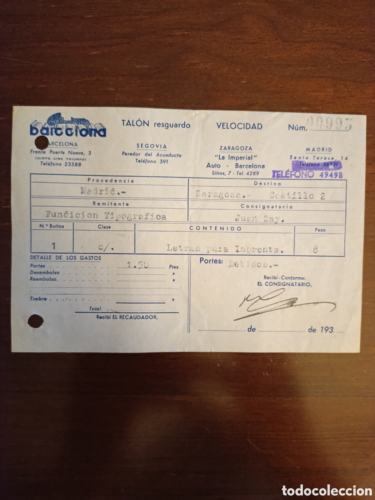 Facturas antiguas: FACTURA FUNDICI&Oacute;N TIPOGR&Aacute;FICA JUAN ZAY A&Ntilde;OS 40 ZARGOZA