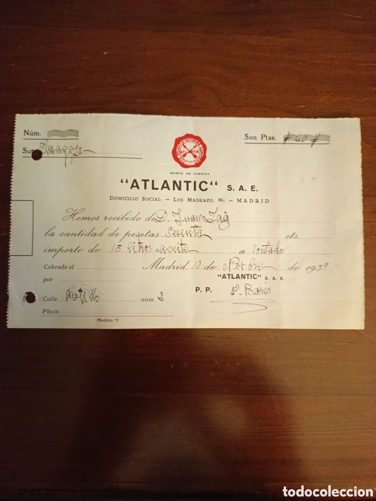 Facturas antiguas: FACTURA ATLANTIC S. A. E Madrid A&Ntilde;OS 40