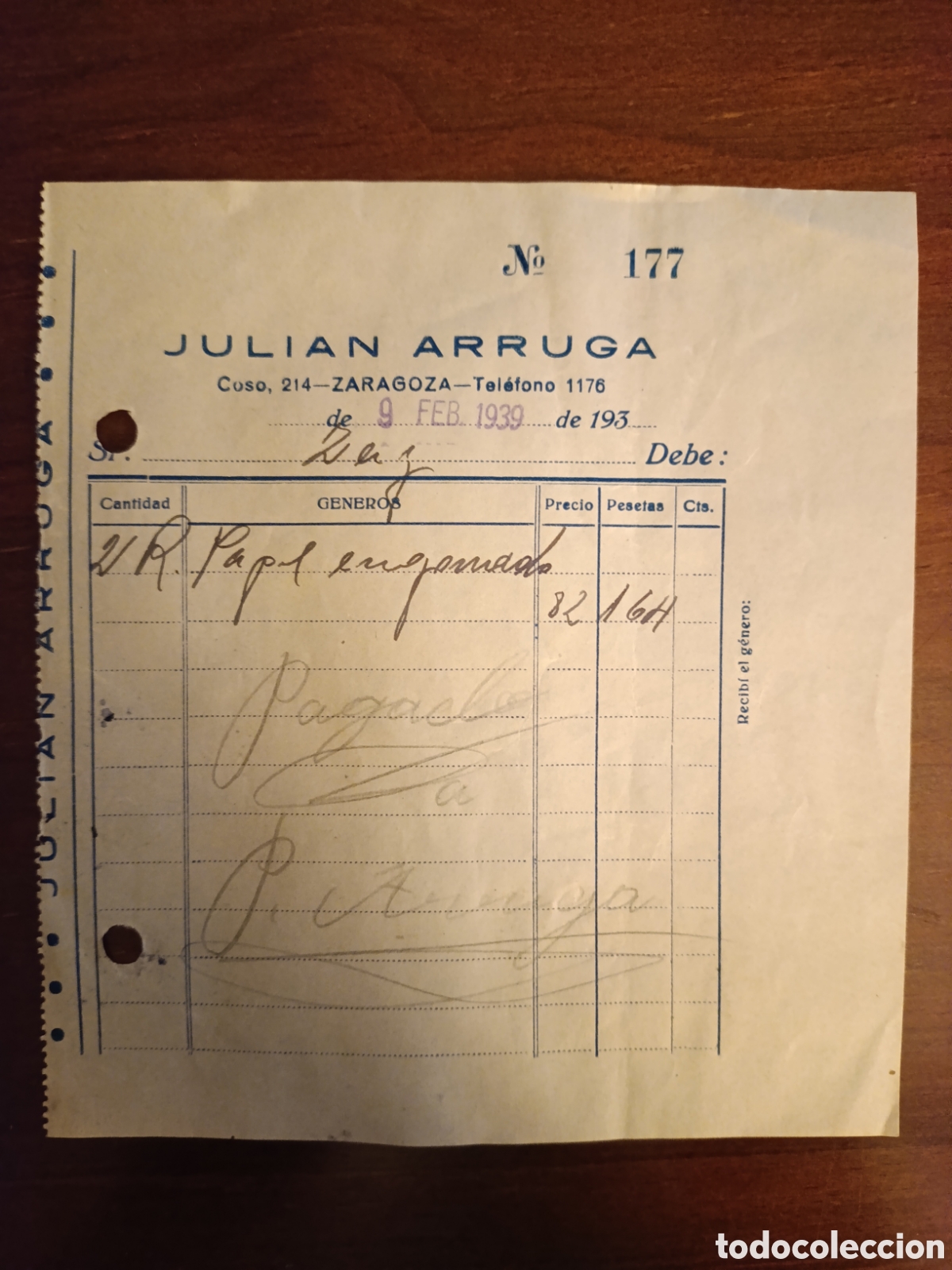 Facturas antiguas: FACTURA JULI&Aacute;N ARRUGA ZARAGOZA A&Ntilde;OS 30