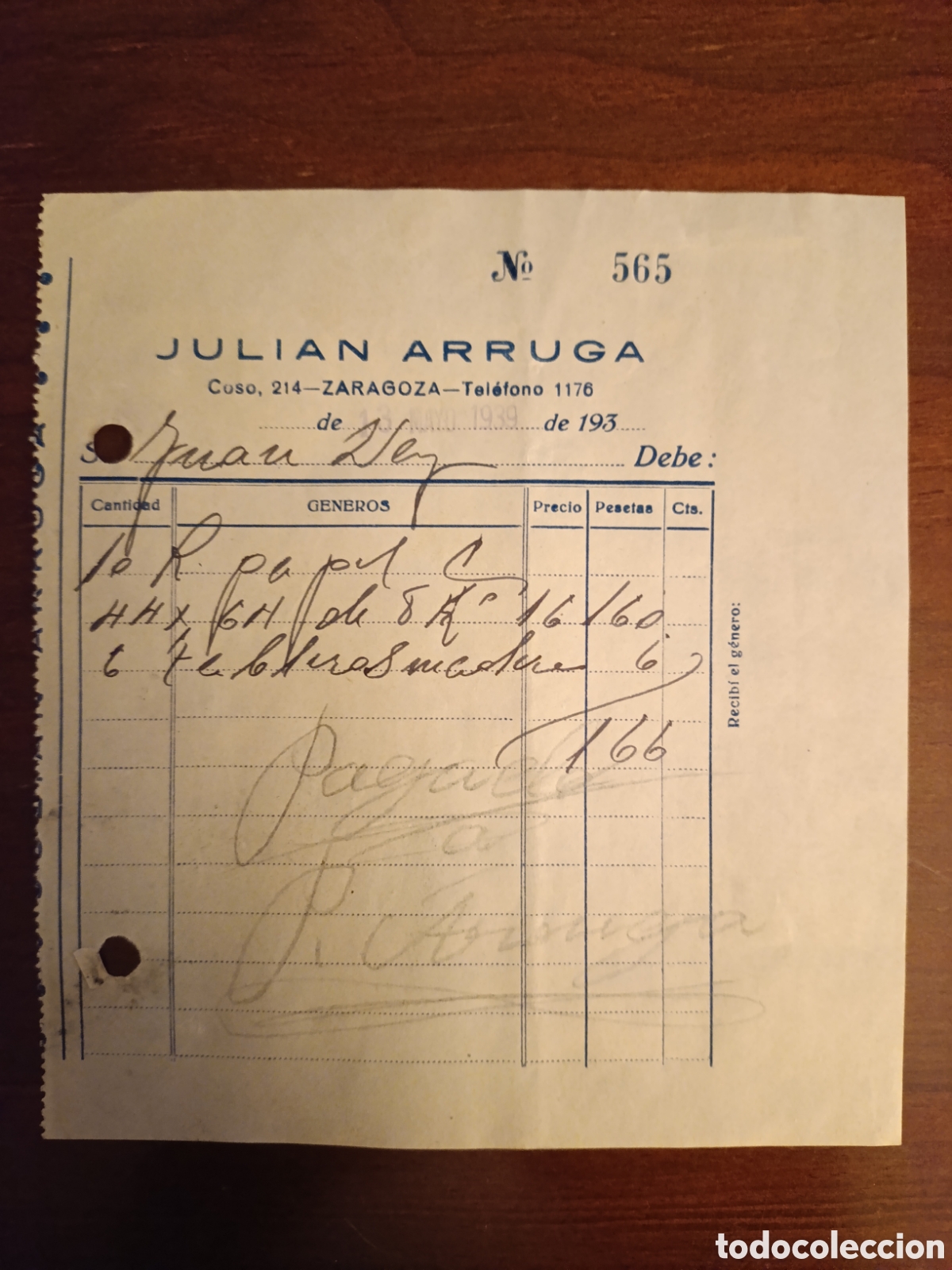 Facturas antiguas: FACTURA JULI&Aacute;N ARRUGA ZARAGOZA A&Ntilde;OS 30