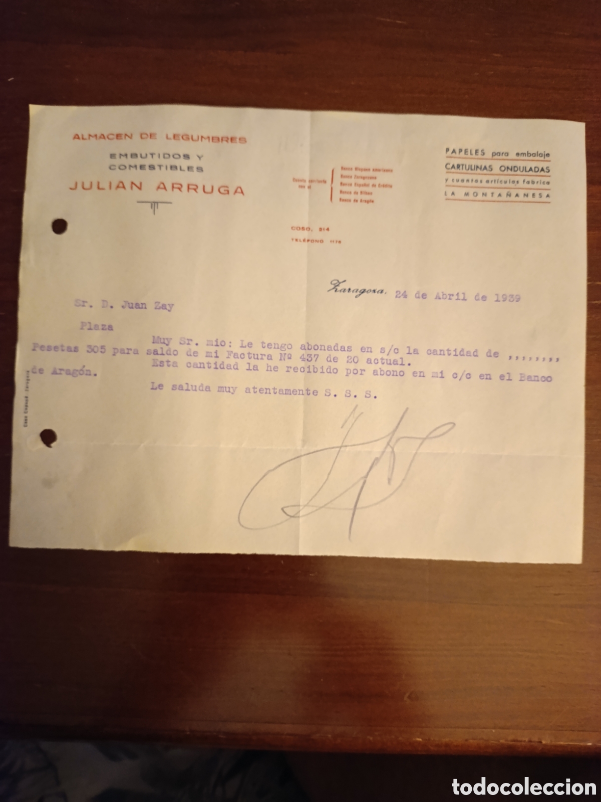 Facturas antiguas: FACTURA JULI&Aacute;N ARRUGA ZARAGOZA A&Ntilde;OS 30
