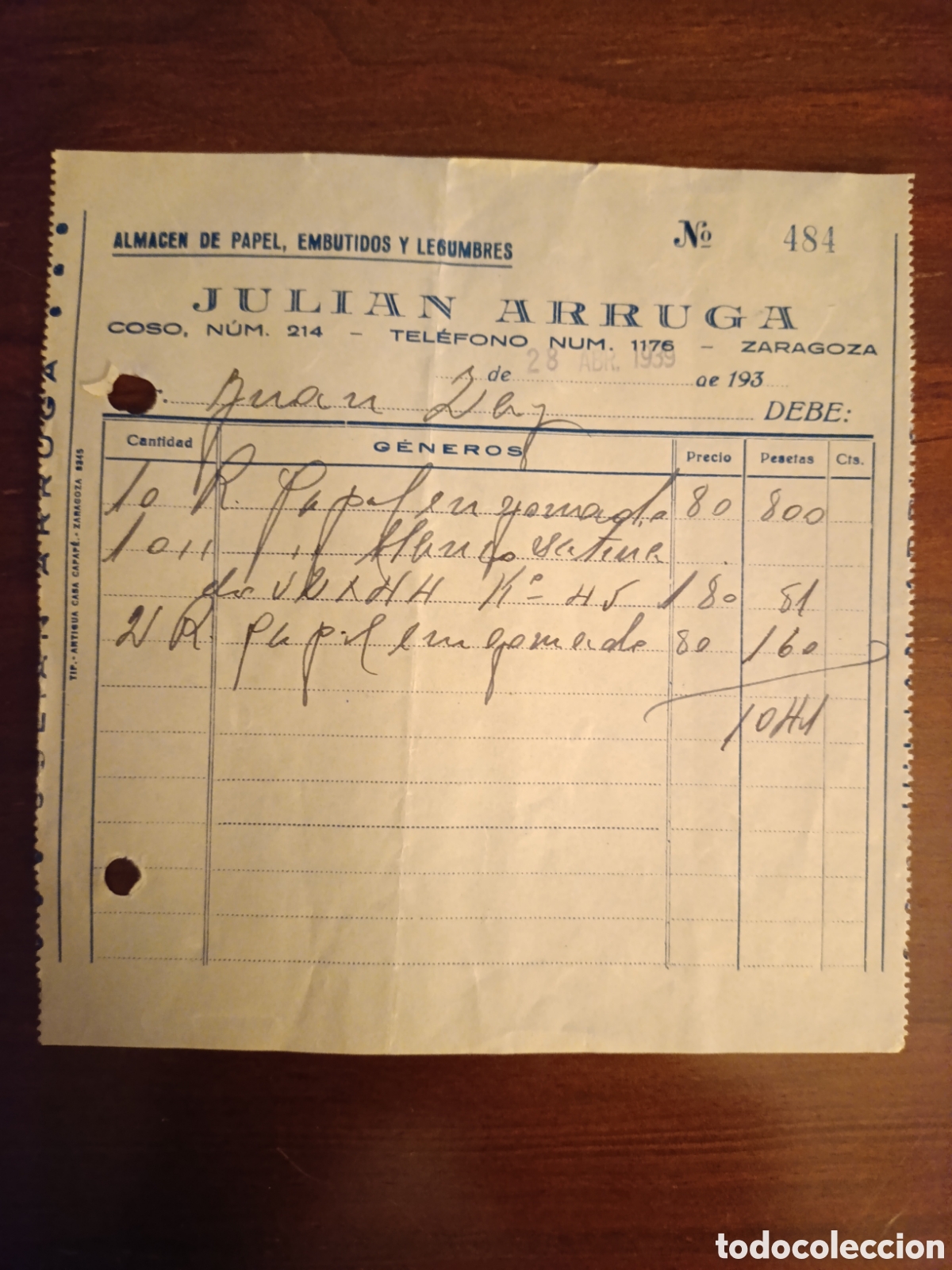 Facturas antiguas: FACTURA JULI&Aacute;N ARRUGA ZARAGOZA A&Ntilde;OS 30