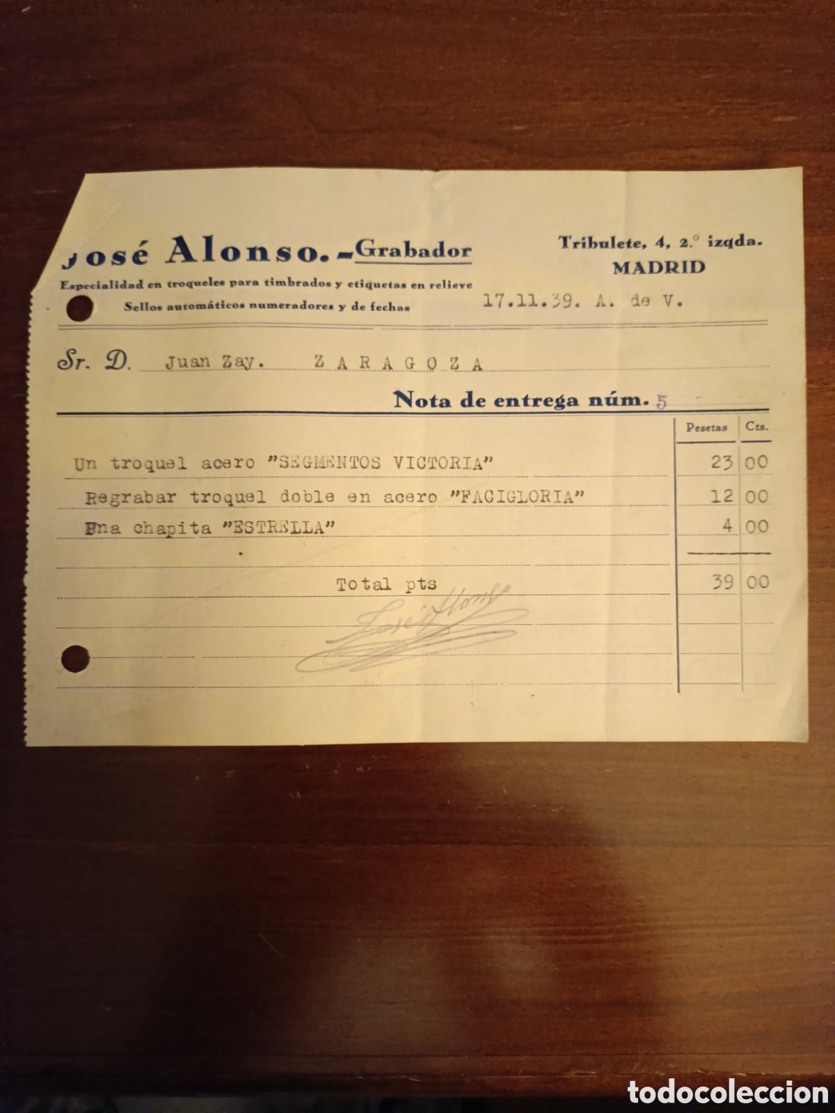 Facturas antiguas: FACTURA JOS&Eacute; ALONSO GRABADOR Zgz MADRID A&Ntilde;OS 30