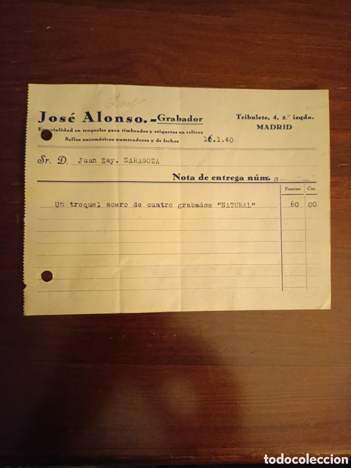 Facturas antiguas: FACTURA JOS&Eacute; ALONSO GRABADOR Zgz MADRID A&Ntilde;OS 30