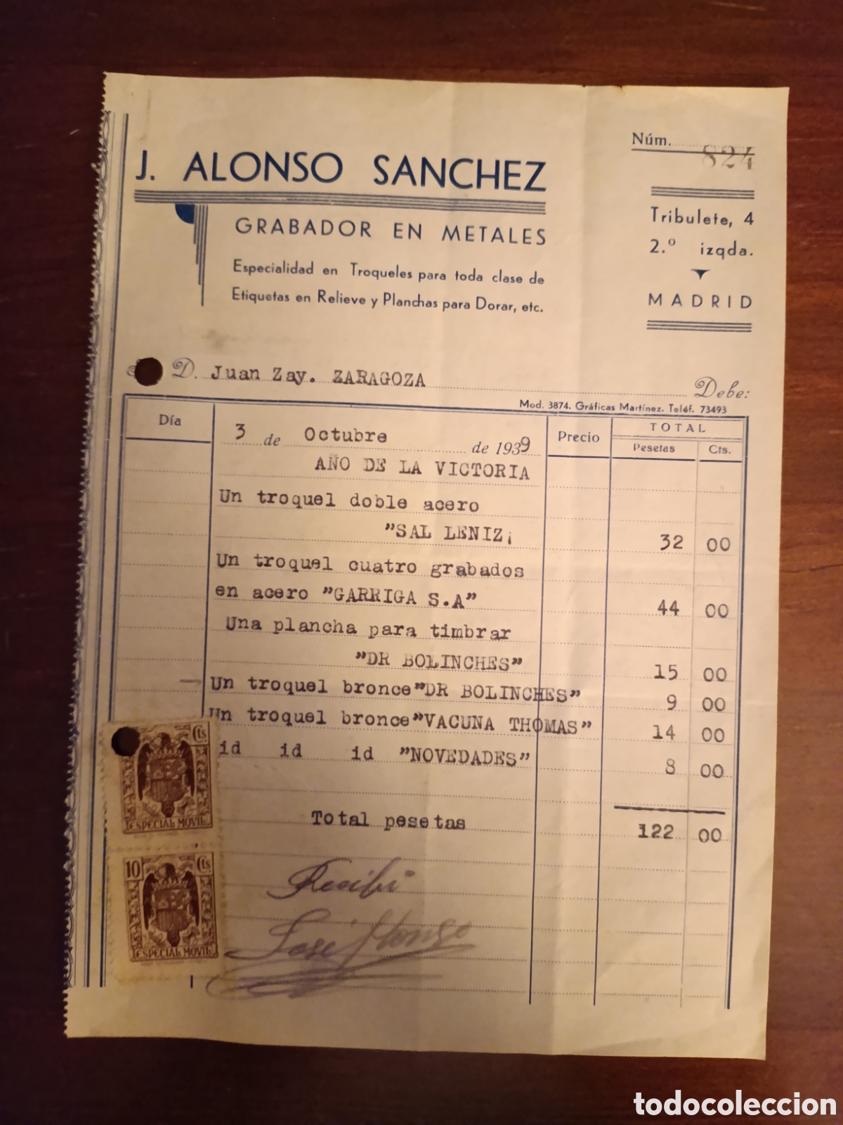 Facturas antiguas: FACTURA J ALONSO S&Aacute;NCHEZ GRABADOR EN METALES ZARAGOZA TRIPULANTE ,4 2.&deg; IZQUIERDA MADRID A&Ntilde;OS 30
